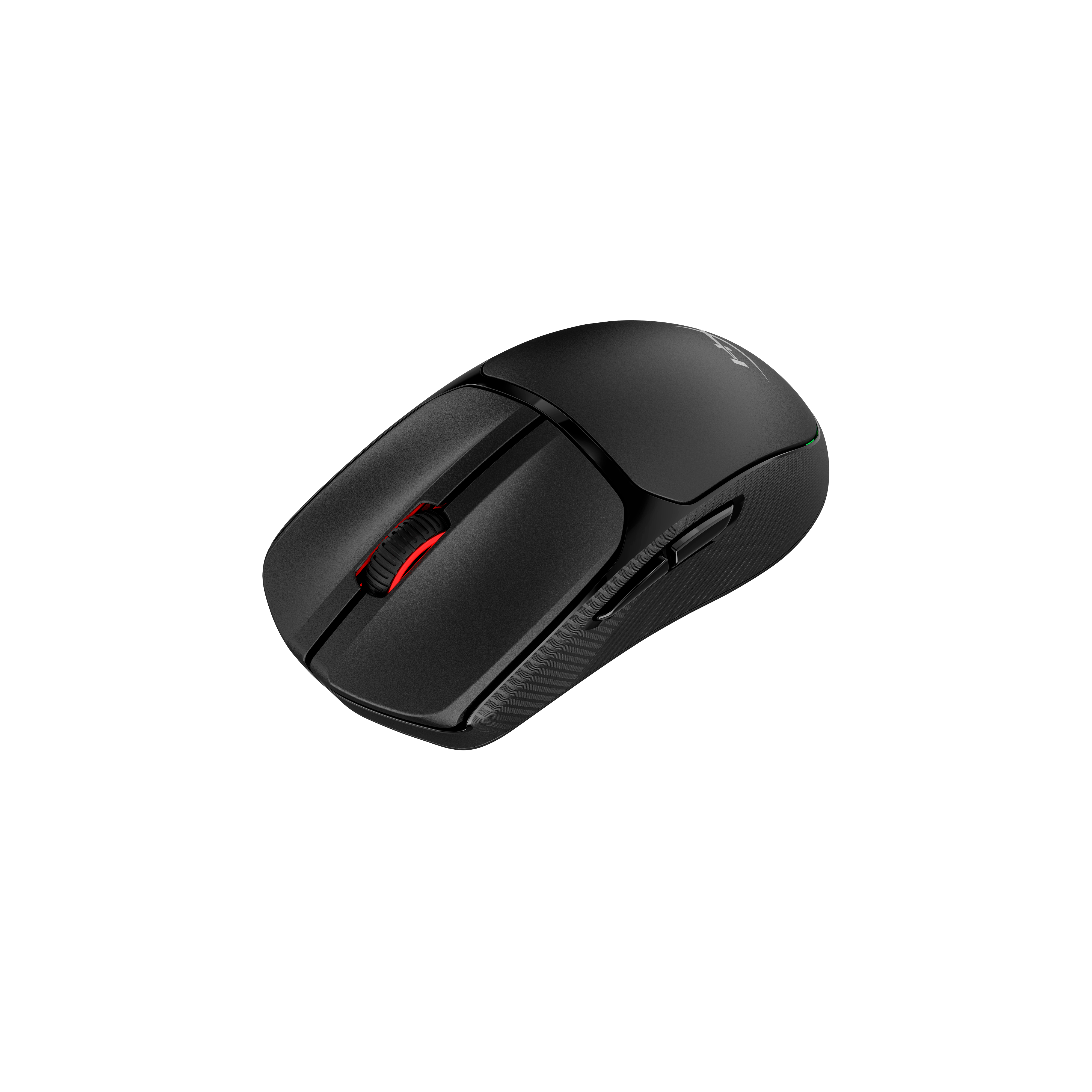 Black wireless computer mouse with red scroll wheel and buttons, on a white background.