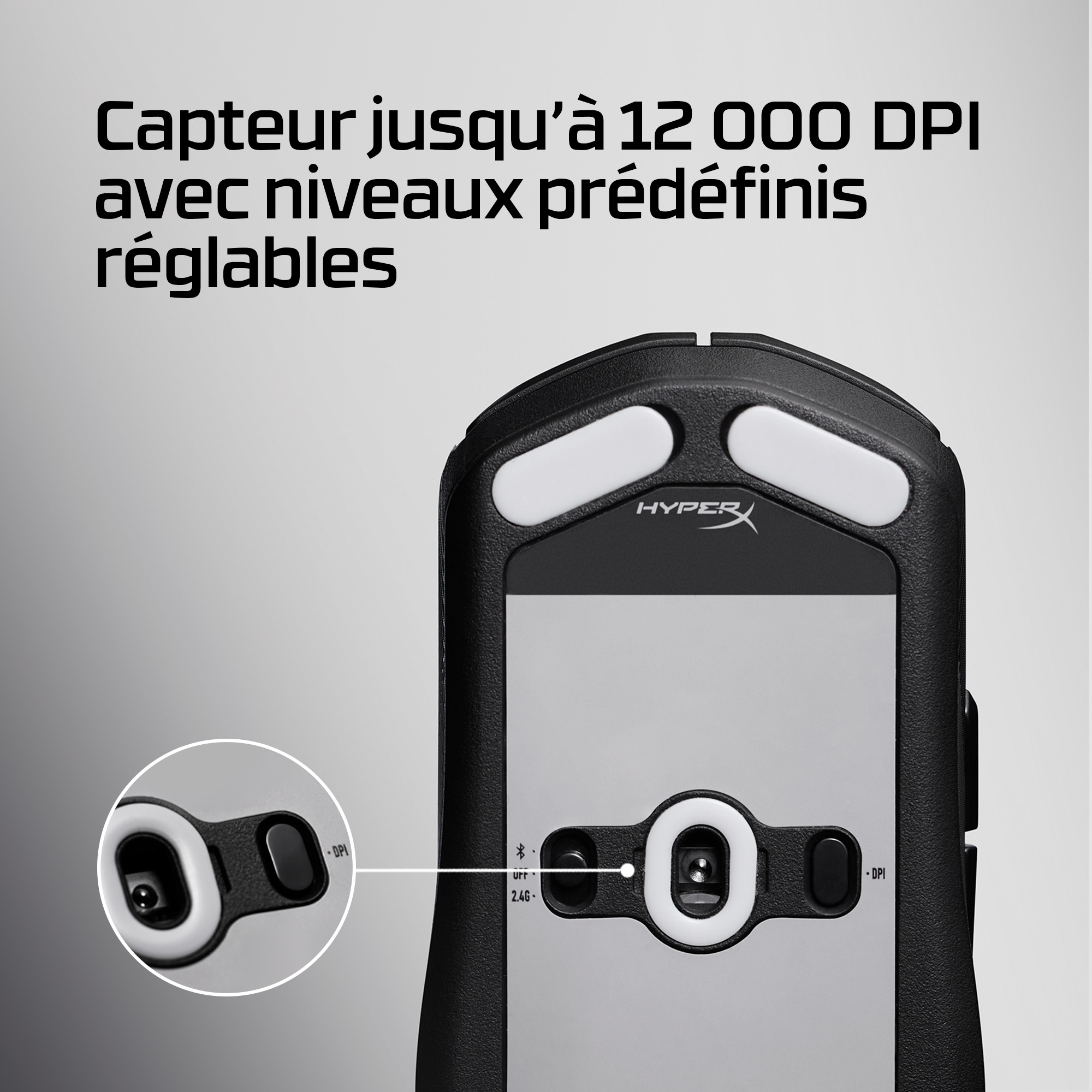 Black and white mouse with adjustable DPI levels. Shows HyperX logo and DPI settings. Text says 'Capteur jusqu'à 12 000 DPI'.