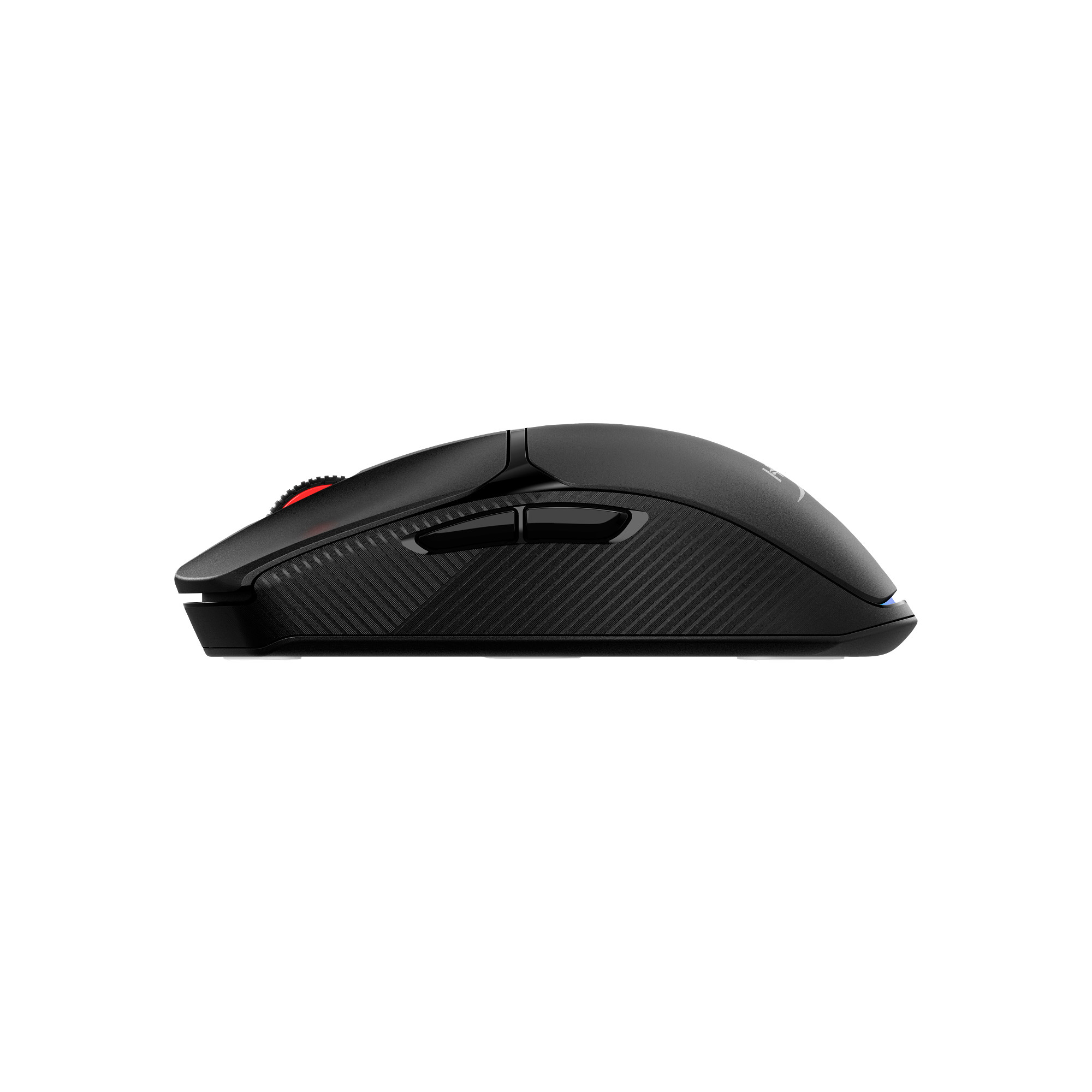 A black computer mouse with a red scroll wheel is shown from the side against a white background.