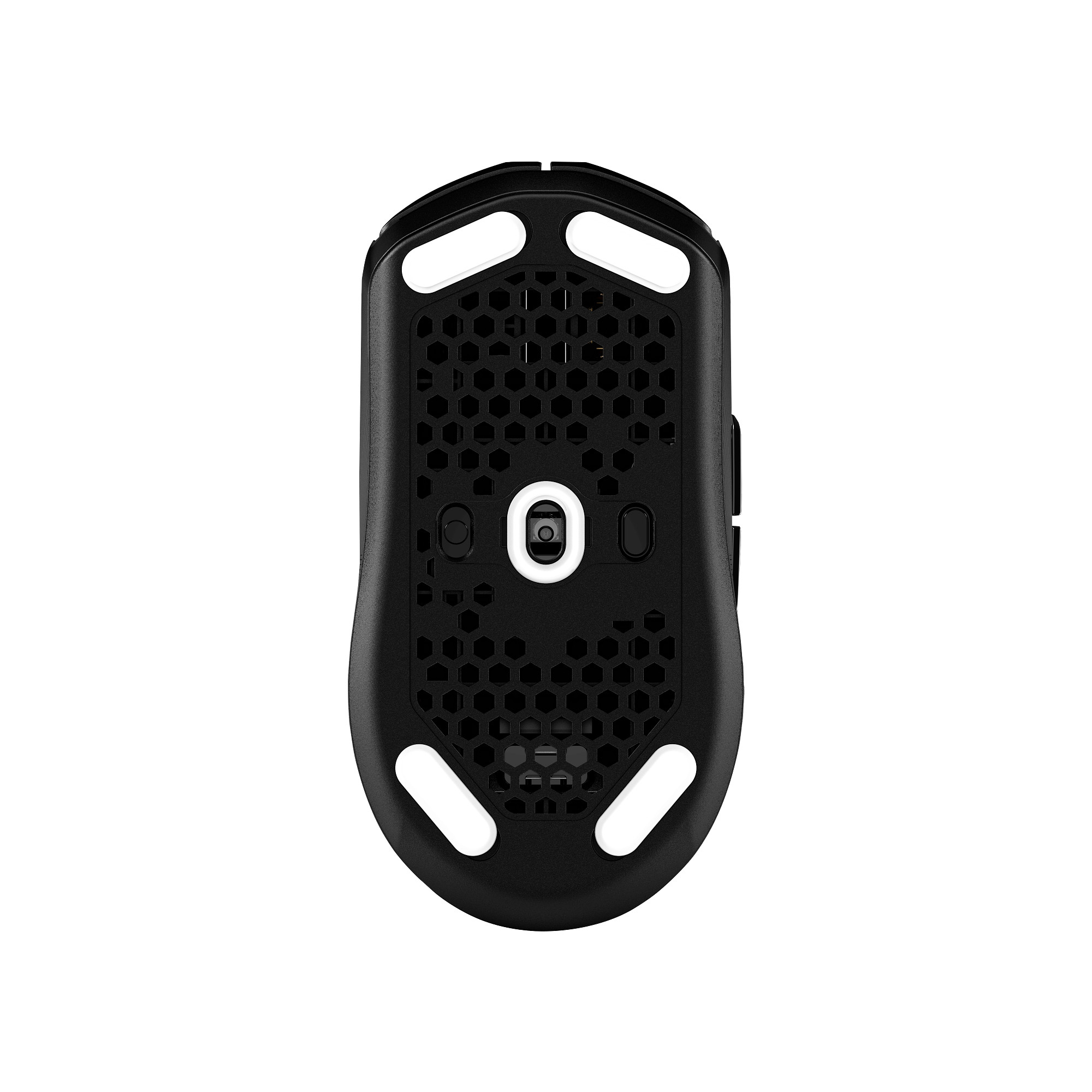 Black computer mouse underside, with white pads. It has a honeycomb pattern and a central sensor.