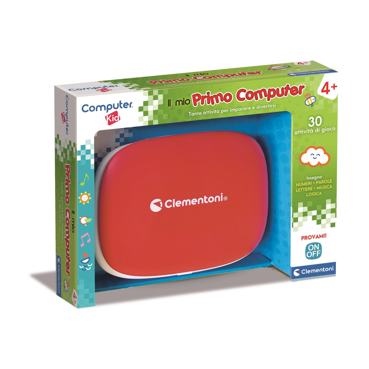 Giocattolo Clementoni Primo Computer rosso e bianco in scatola per bambini, età 4+. Contiene testo, illustrazioni e dettagli del prodotto.