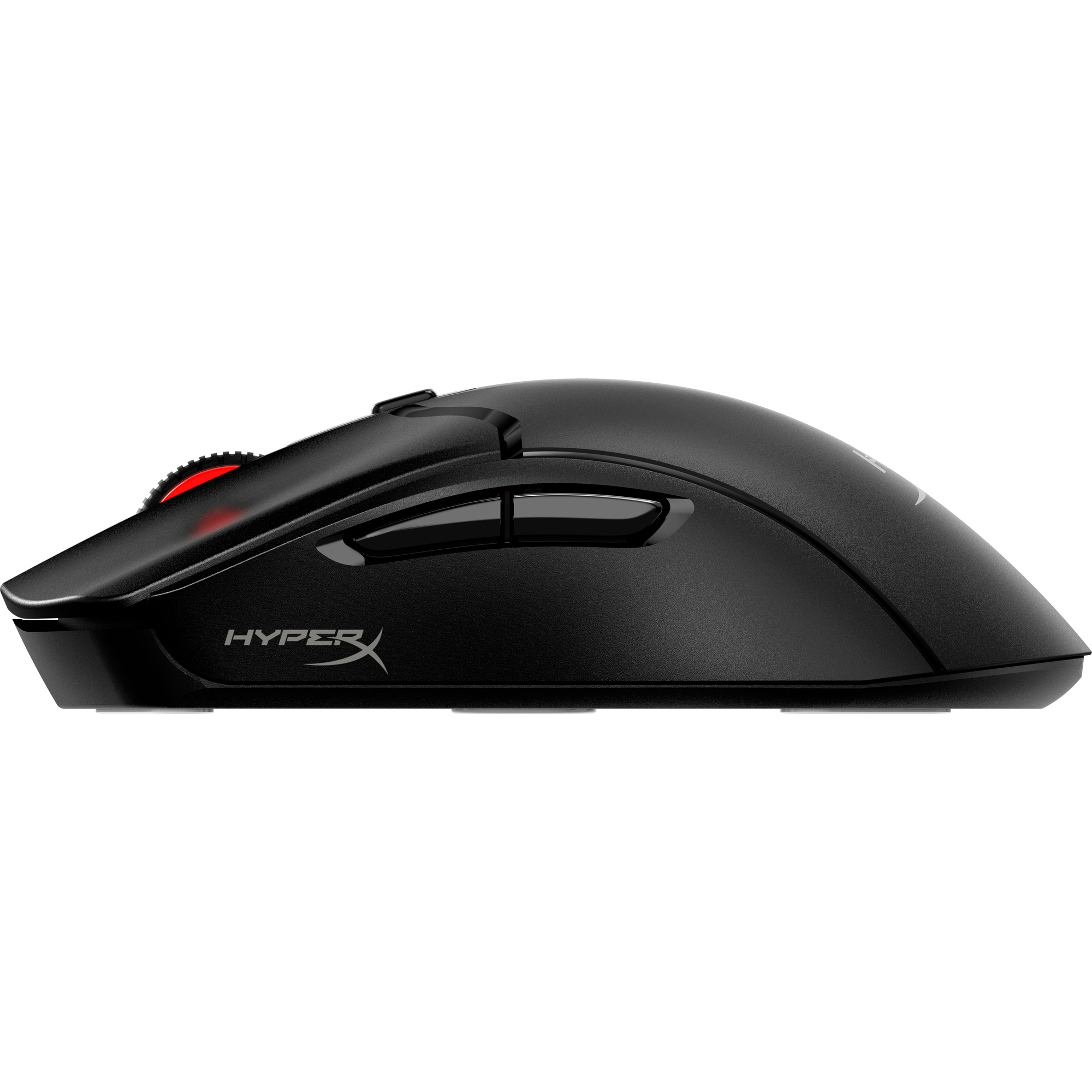 Black computer mouse with red scroll wheel. The mouse has the HyperX logo and side buttons.