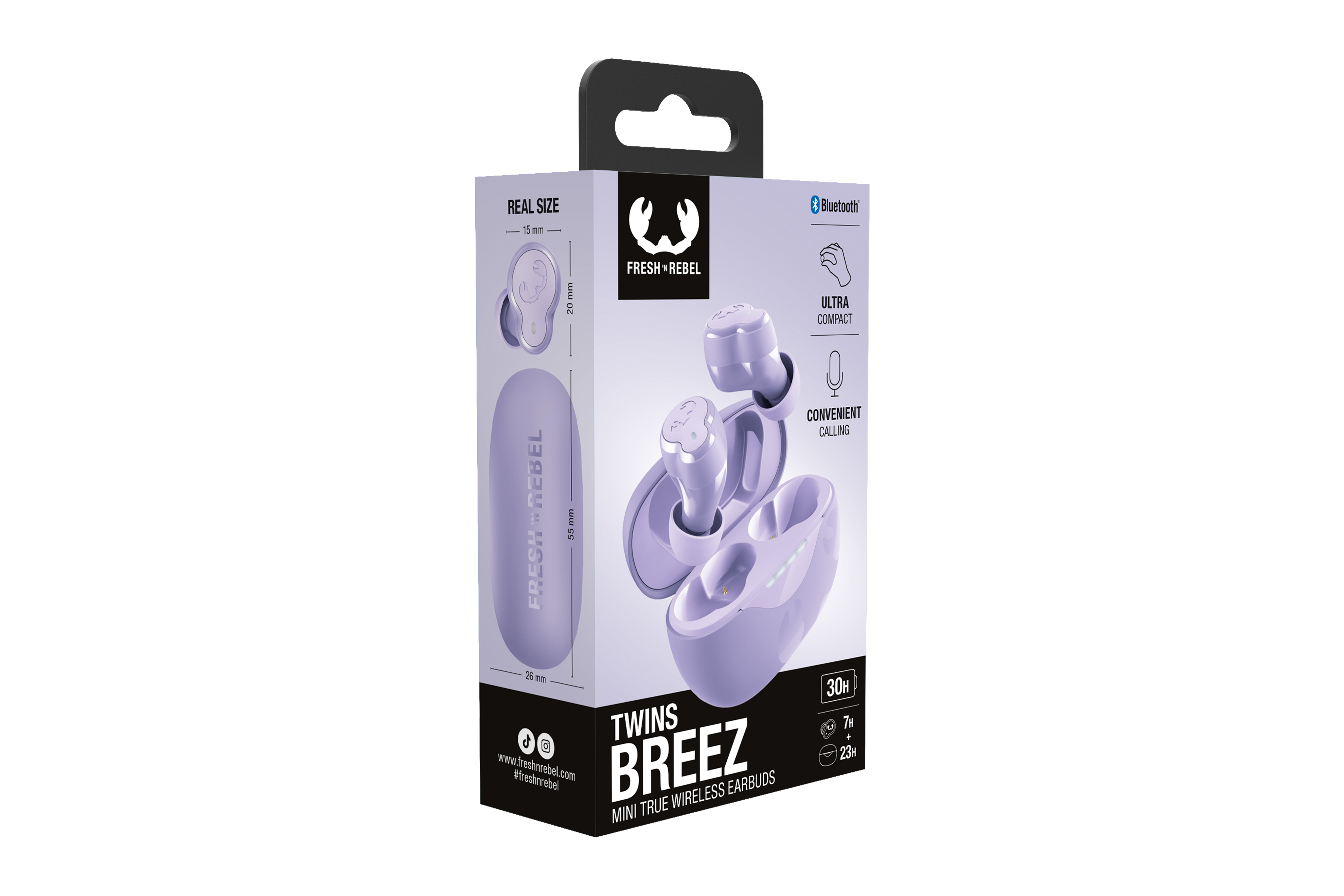 Fresh 'n Rebel Twins Breez kulaklık kutusu. Kutu, aynı renkteki kulaklıklarla birlikte açık mor renktedir.