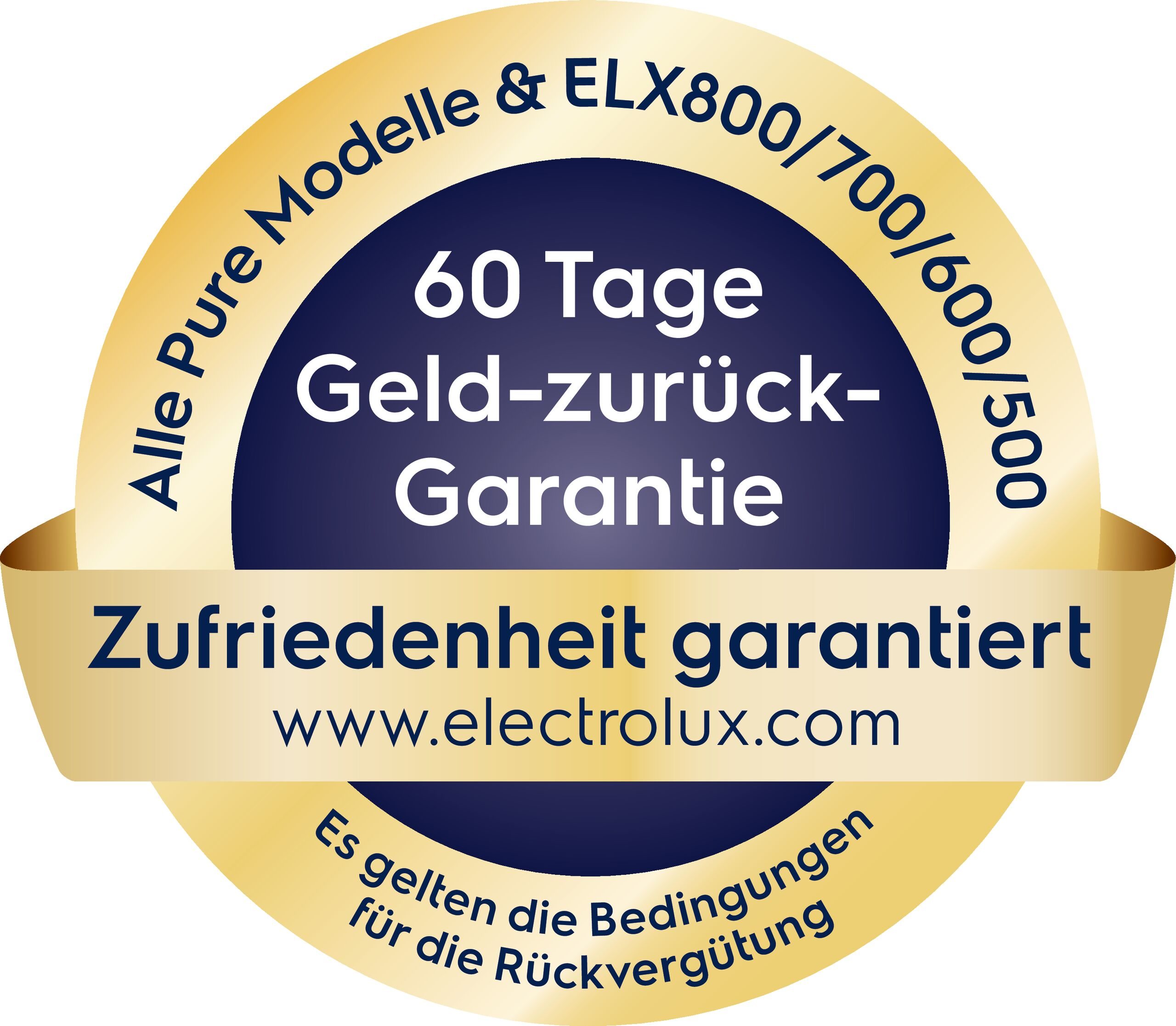 Kreisförmiges Logo mit Text: 60 Tage Geld-zurück-Garantie, Zufriedenheit garantiert und www.electrolux.com.