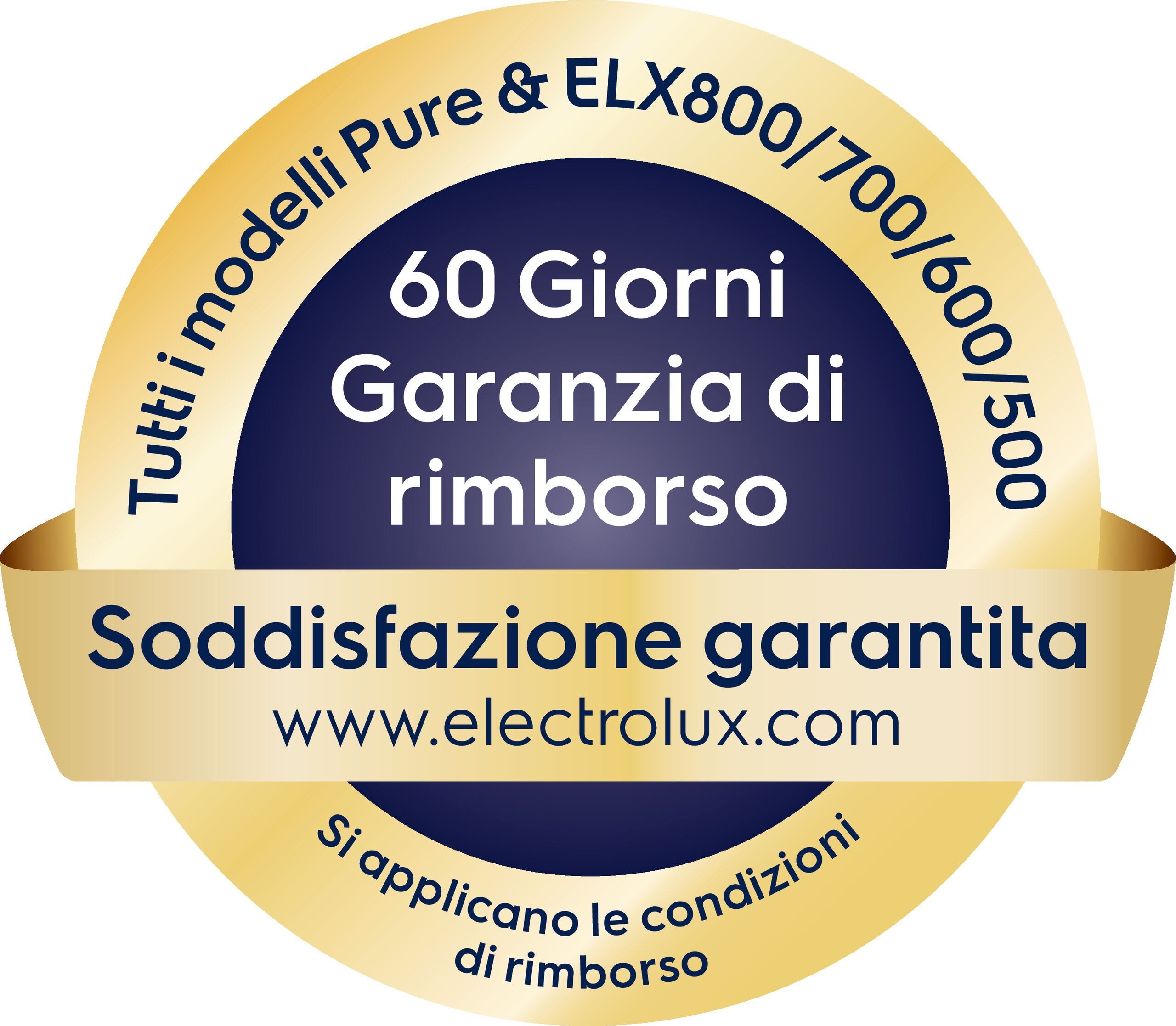 Kreisförmiges Logo mit Text über eine 60-Tage-Rückerstattungsgarantie von Electrolux. Enthält italienischen Text.
