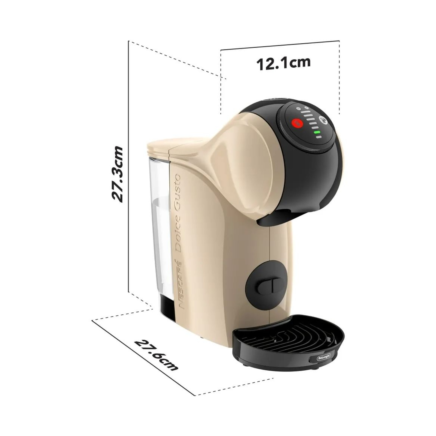Una macchina da caffè Dolce Gusto beige e nera. Le dimensioni sono indicate: 27,3 cm di altezza, 27,6 cm di lunghezza, 12,1 cm di larghezza. Il marchio è visibile.