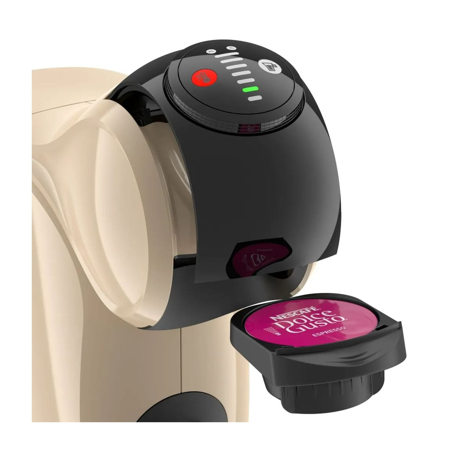 Una macchina da caffè color crema e nera con una capsula rossa. La capsula è etichettata Nescafe Dolce Gusto Espresso.