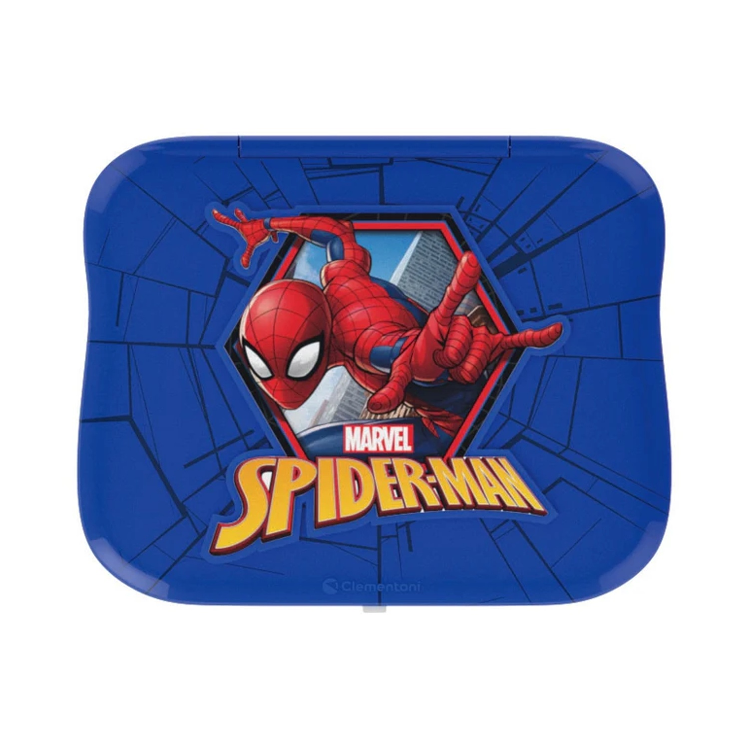 Portapranzo blu con immagine di Spider-Man. Il logo dice Marvel Spider-Man. Spider-Man è rosso e blu, una città è sullo sfondo.
