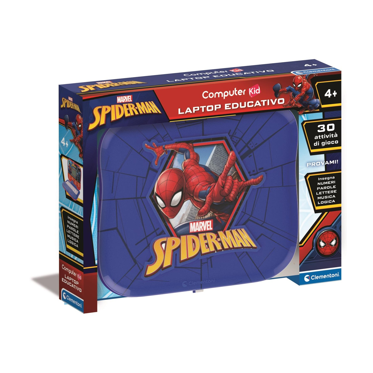 Una scatola di giocattoli per laptop di Spider-Man blu e rossa. Ha il logo di Spider-Man, le parole "Computer Kid" e "Laptop Educativo".