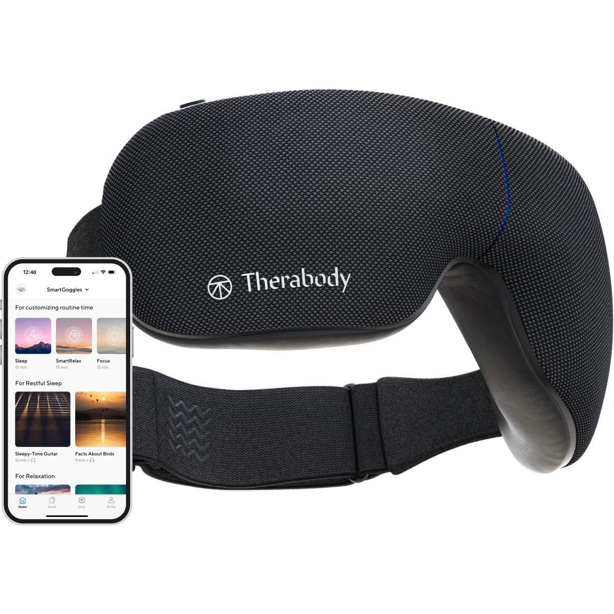 Ein schwarzes Therabody SmartGoggles-Gerät mit einem Smartphone, das App-Funktionen zeigt. Der Hintergrund ist weiß.