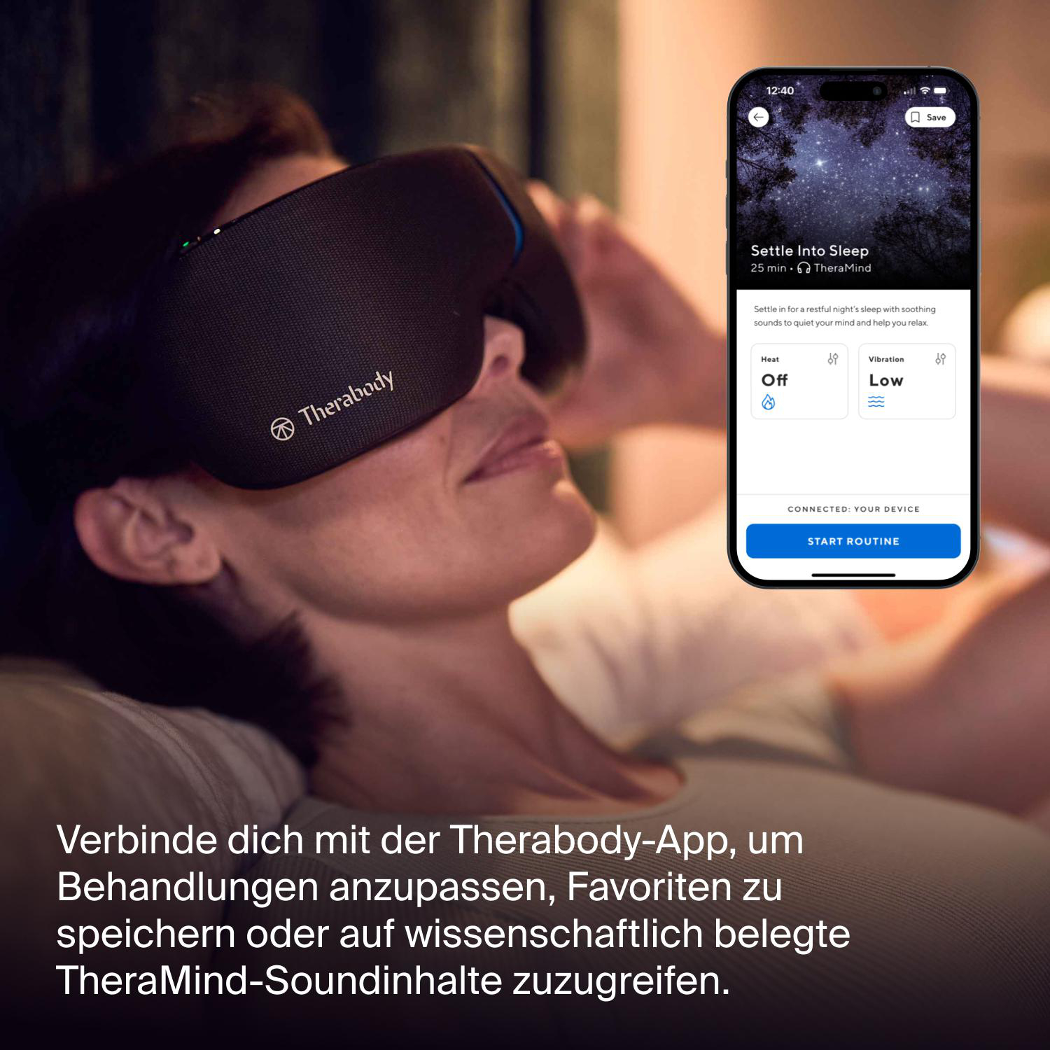 Eine Frau mit schwarzer Augenmaske nutzt ein Handy mit Schlaf-App. Die App zeigt Wärme- und Vibrationsoptionen.