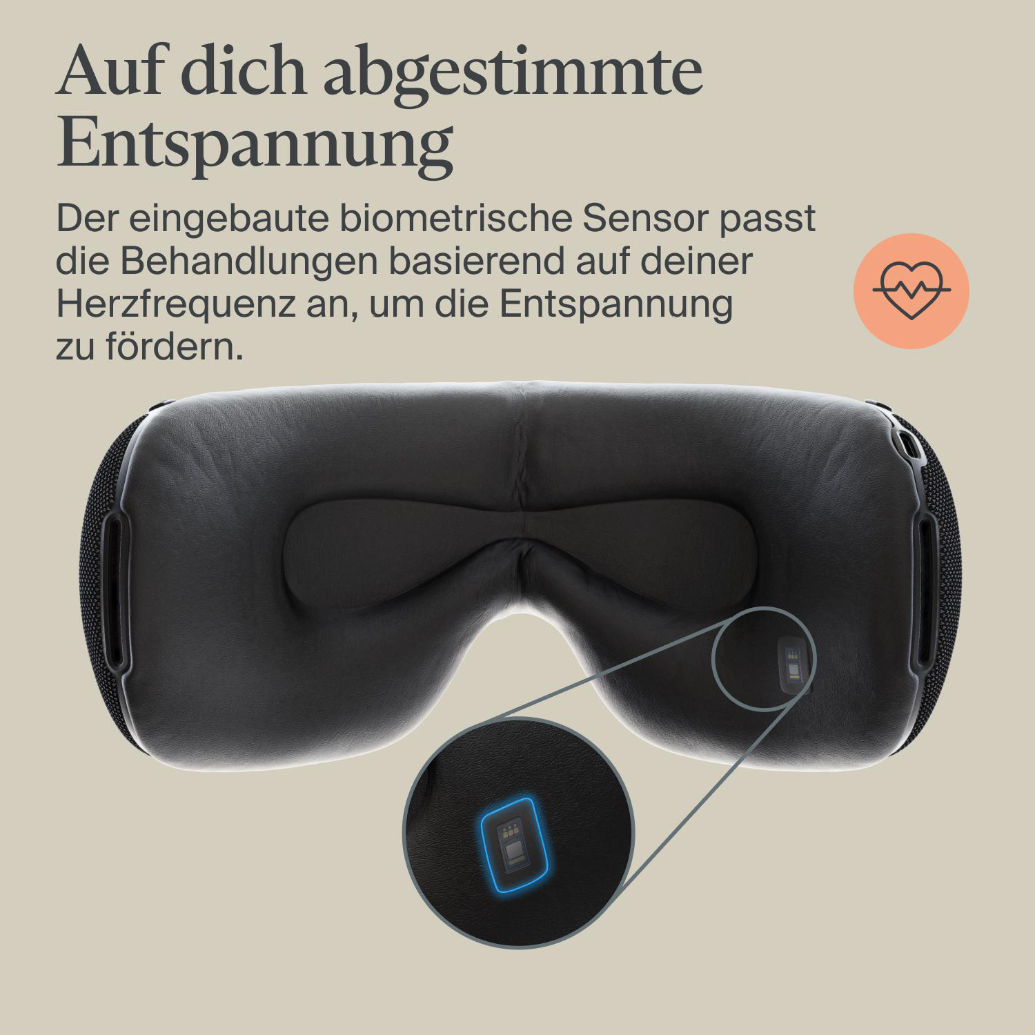Gezeigt wird eine Augenmaske mit biometrischem Sensor. Der Hintergrund ist hellbraun.