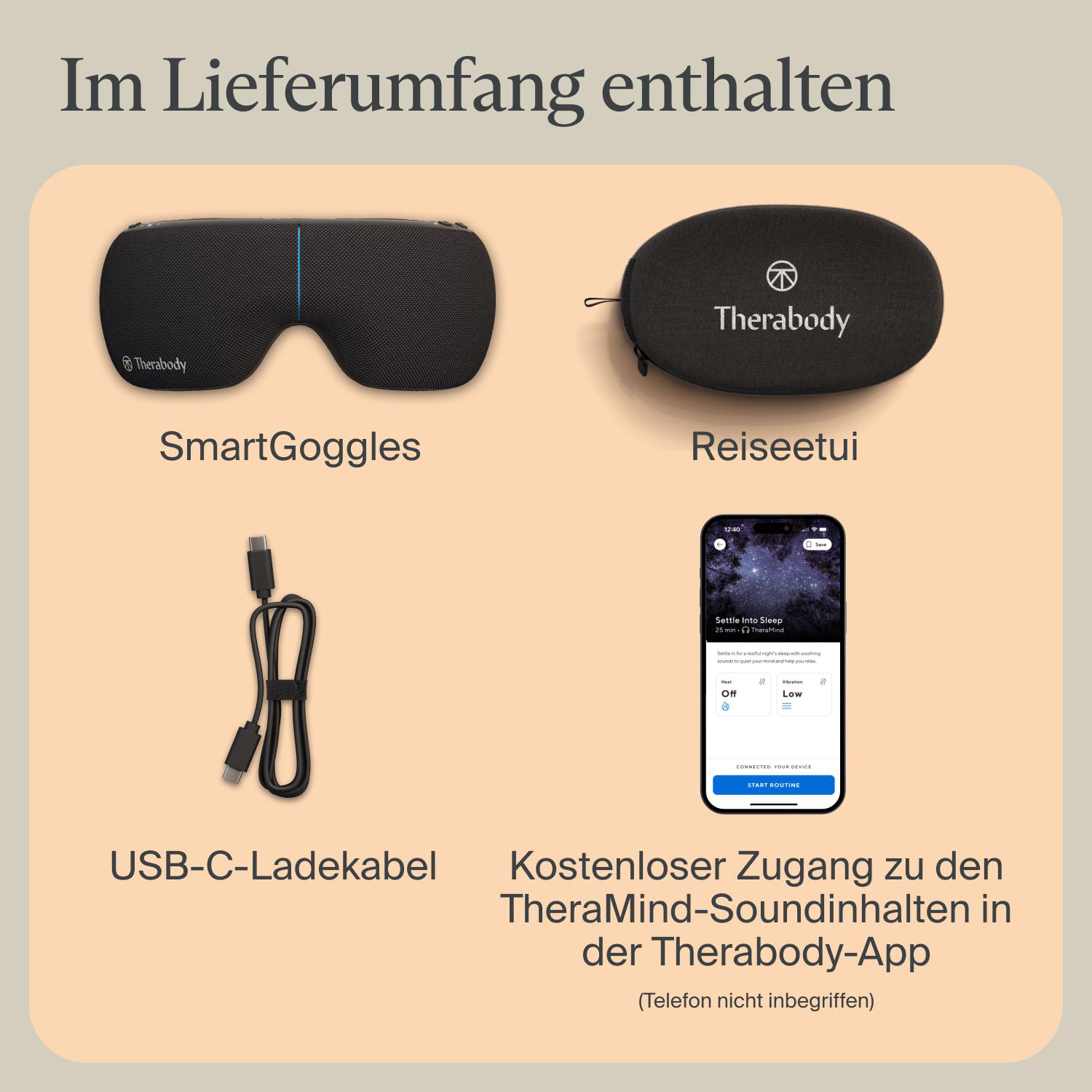 Das Bild zeigt eine Schlafmaske, ein Etui, ein USB-C-Kabel und ein Telefon mit App-Oberfläche. Text beschreibt enthaltene Artikel.