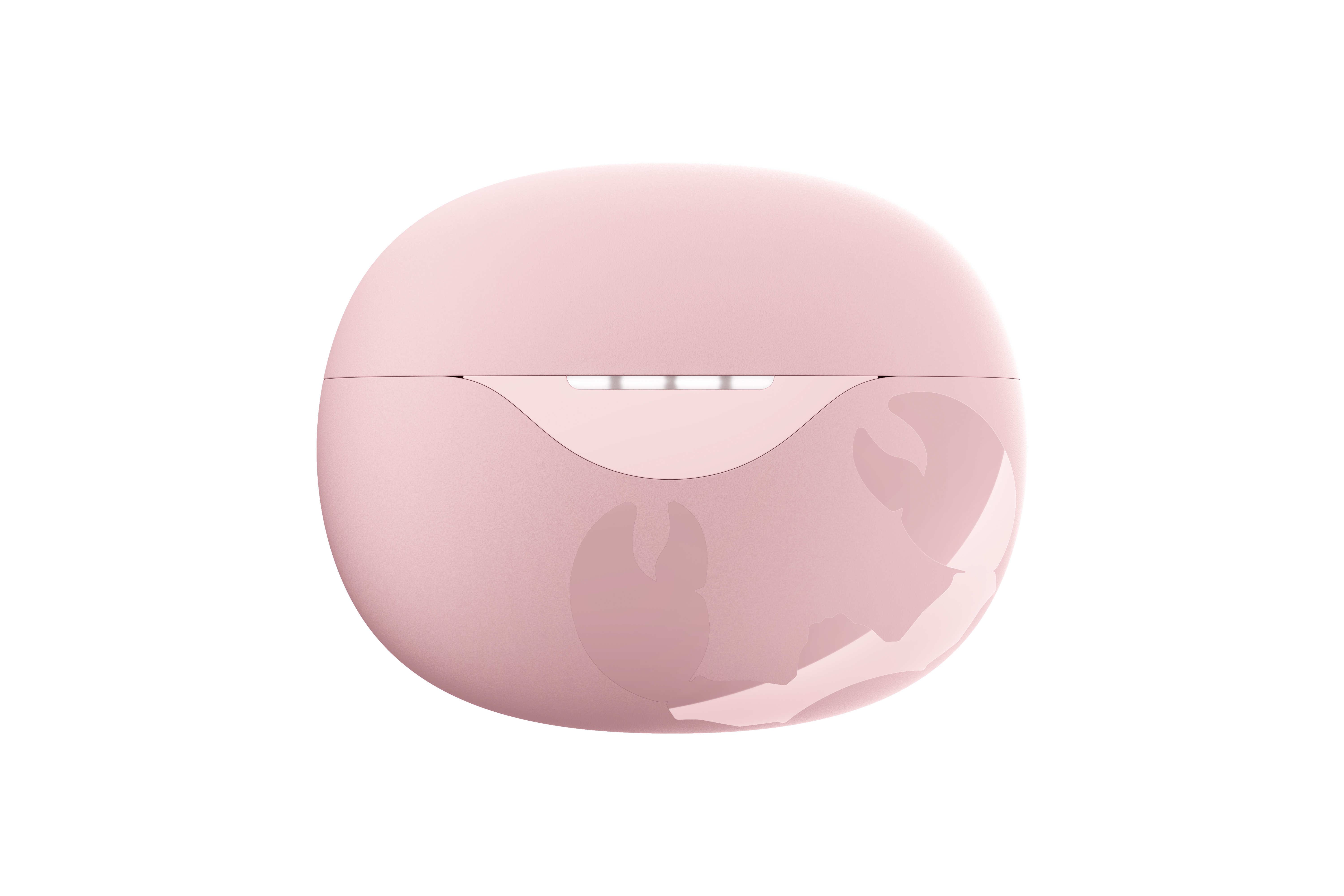 Pembe, oval kulaklık kutusu. Pürüzsüz yüzeyi, mat kaplaması ve altta kavisli bir girintisi vardır.