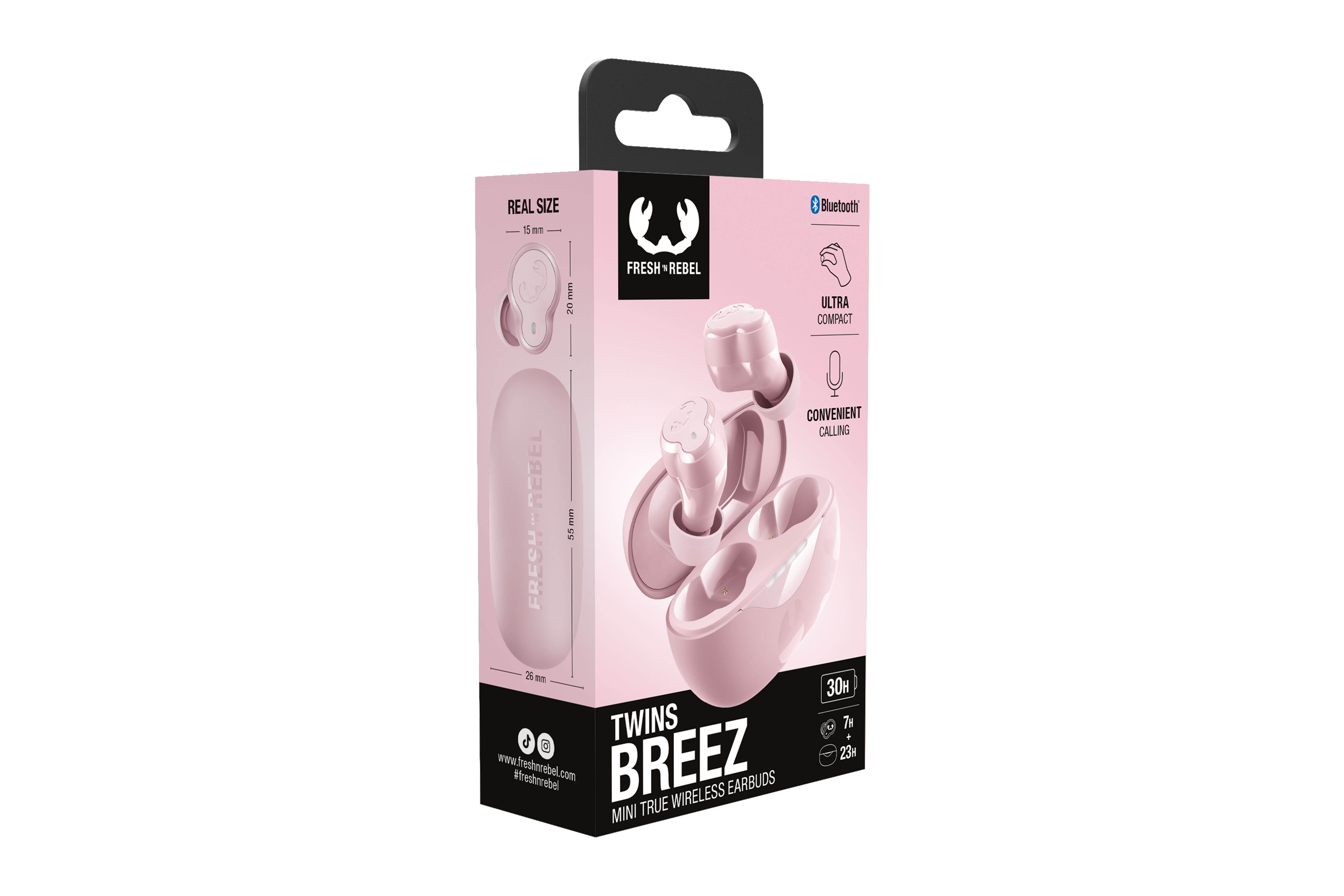 Pembe Fresh 'n Rebel Twins Breez kulaklık kutusu. Kulaklıkları, şarj kutusunu ve boyutlarını gösterir.