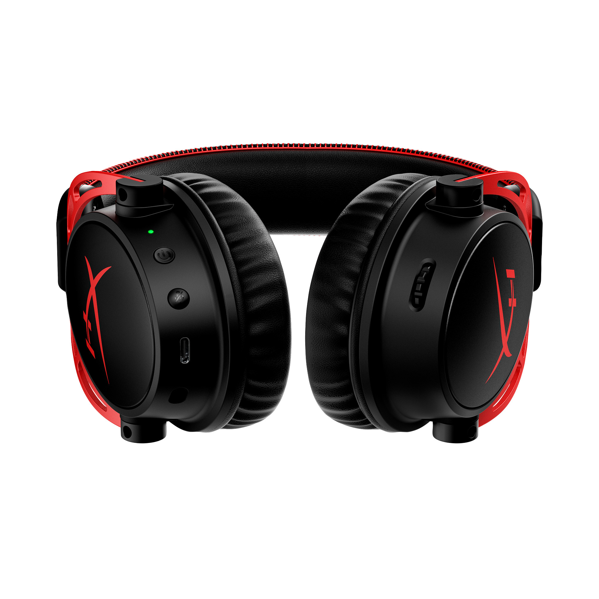 Black and red gaming headset on a white background. Features the HyperX logo. Visible power and volume controls.