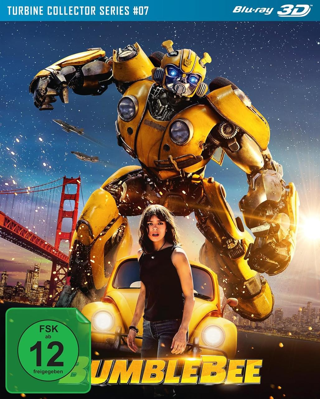 Bumblebee-Filmcover zeigt einen gelben Roboter, ein Mädchen und ein gelbes Auto. Im Hintergrund ist die Golden Gate Bridge zu sehen.