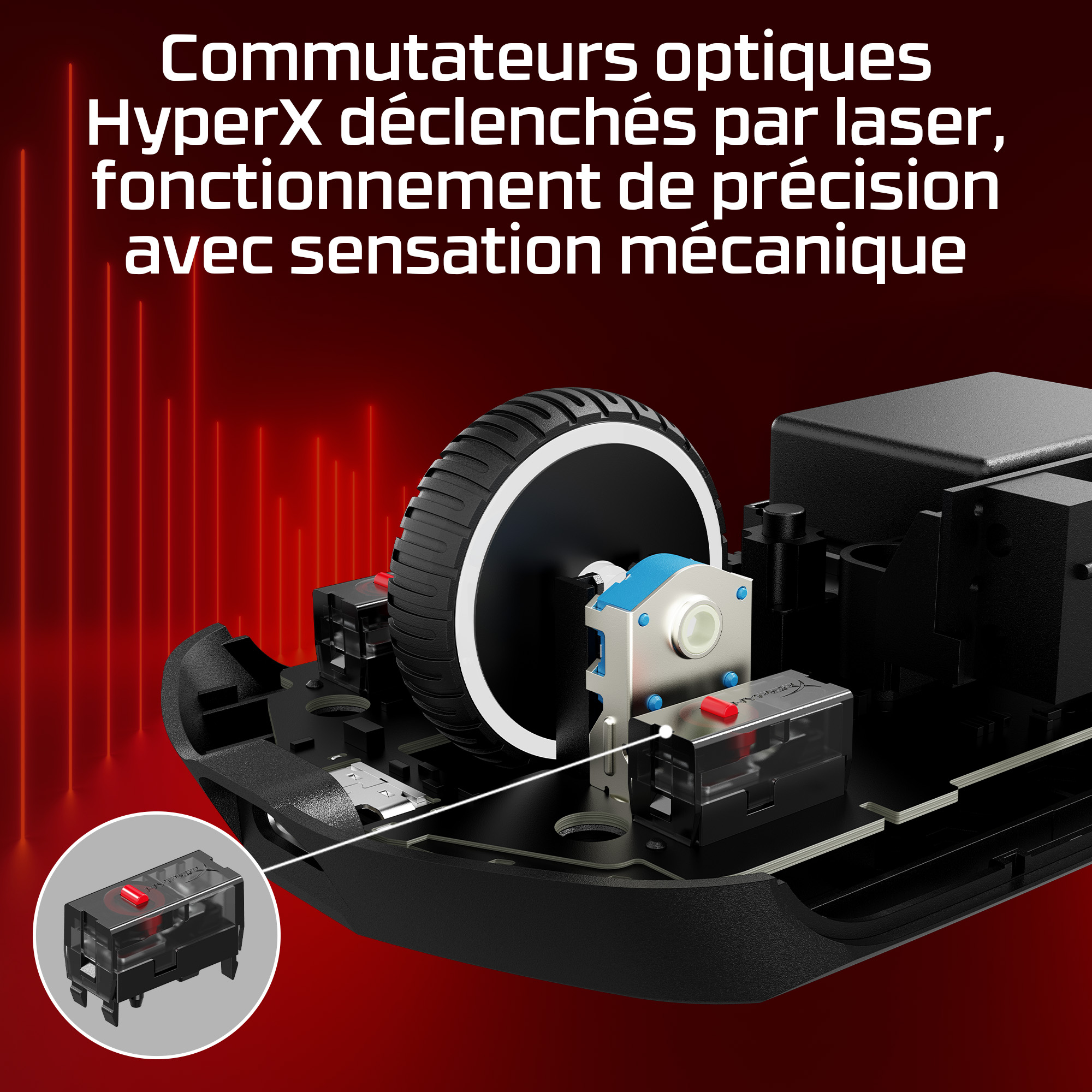 An exploded view of a gaming mouse shows internal components, including a wheel, switches, and a red button.