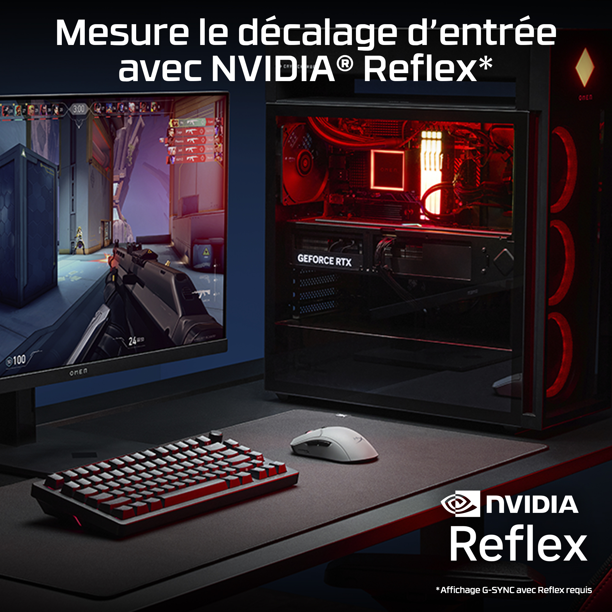 A gaming PC setup with a monitor displaying a game, keyboard, mouse, and the NVIDIA Reflex logo.