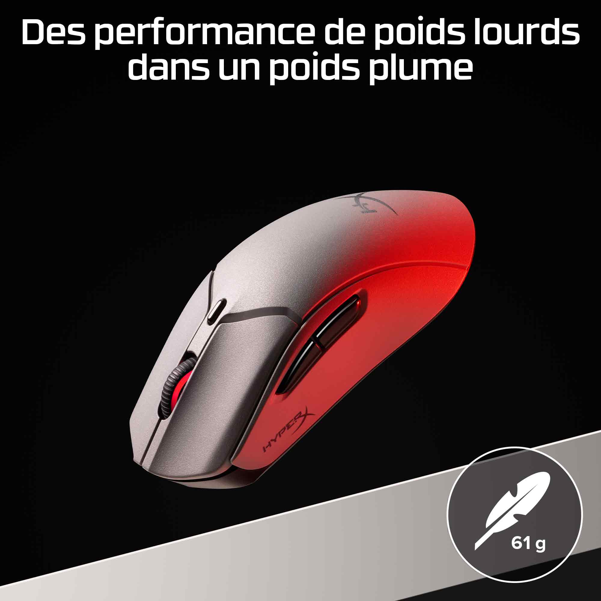 A silver and red gaming mouse with the HyperX logo. It has a weight of 61g. The background is black.