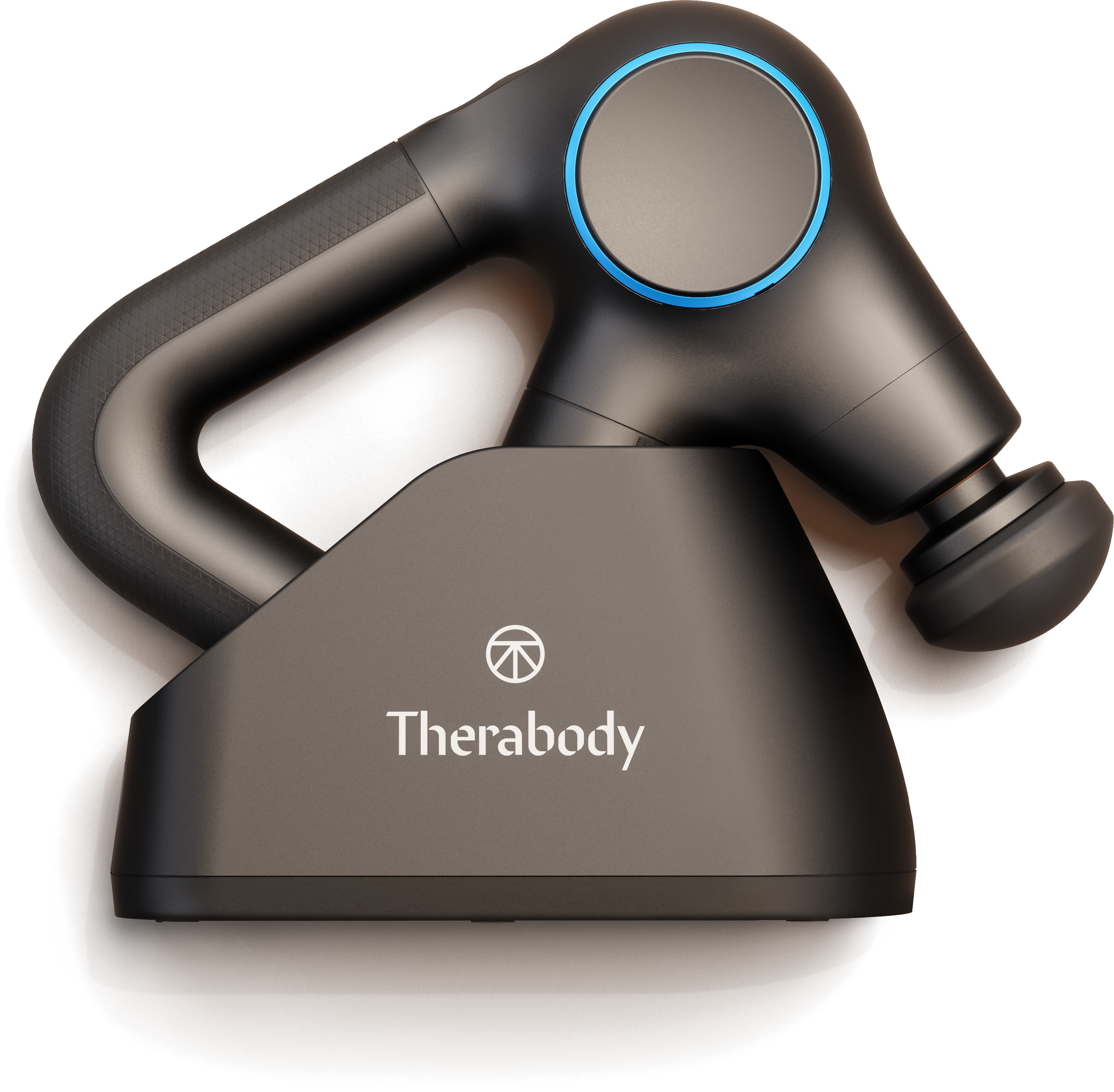 Ein schwarzes Therabody-Massagegerät und seine Basis. Es hat einen blauen Ring und den Markennamen.