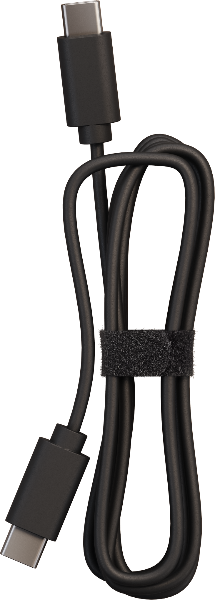 Ein schwarzes USB-C-Kabel wird gezeigt. Es ist in Schlaufen gebogen und mit einem Klettverschluss befestigt. Schwarzer Hintergrund.