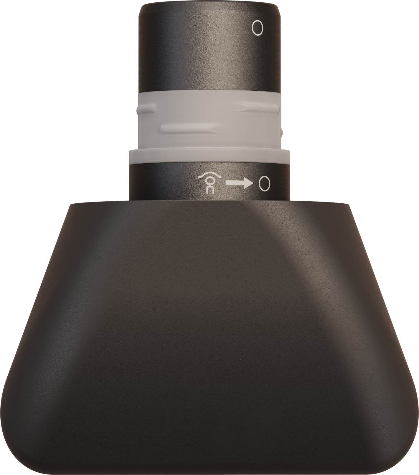 Eine schwarze Flasche mit einem grauen Ring und Deckel. Der Deckel hat ein weißes Symbol, einen weißen Pfeil und einen weißen Kreis. Der Hintergrund ist schwarz.