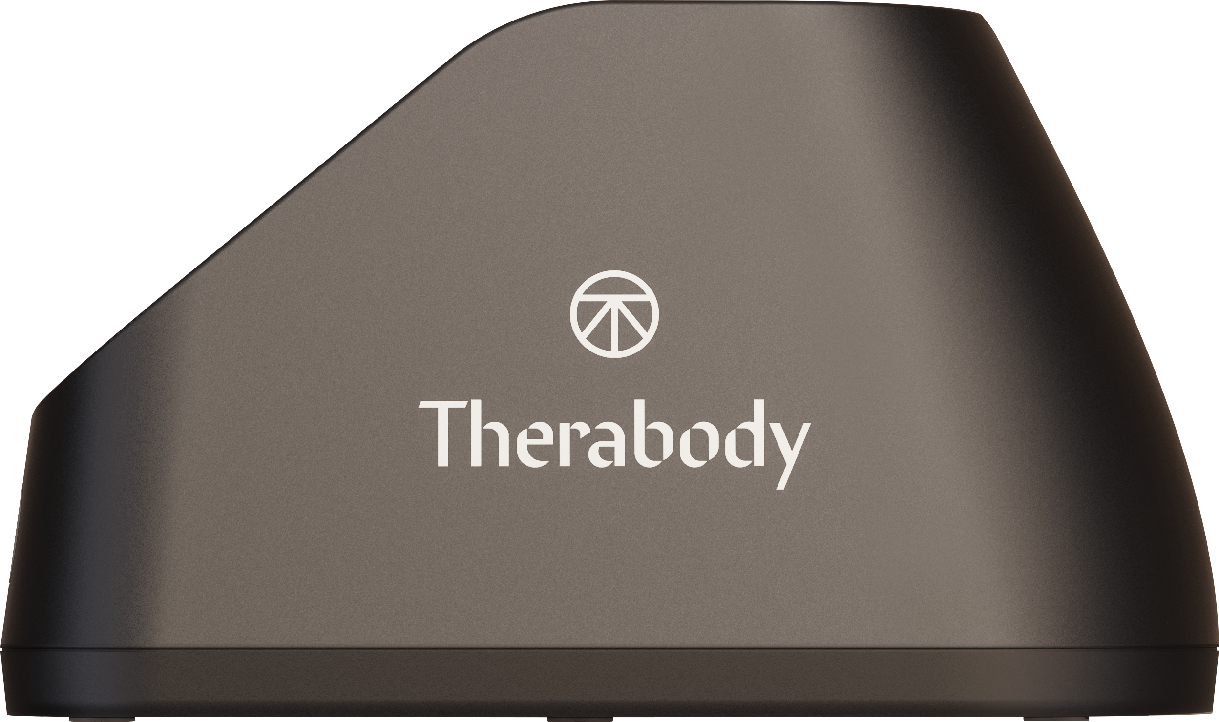 Graues Therabody-Gerät mit weißem Logo und Text auf schwarzem Hintergrund. Das Gerät hat ein einzigartiges, abgewinkeltes Design.