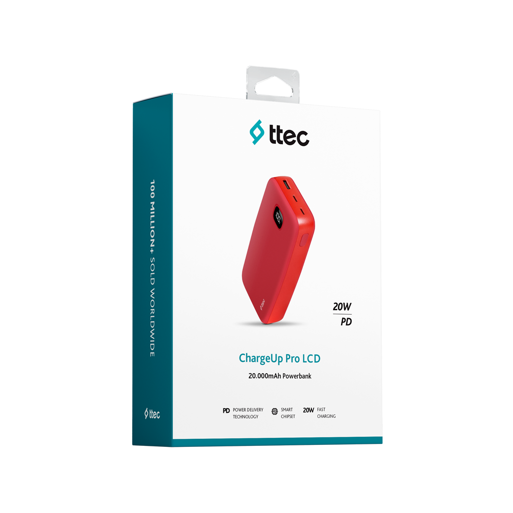 Beyaz zemin üzerinde kırmızı bir powerbank. Powerbank'in adı 'ChargeUp Pro LCD'. 20W ve 20.000mAh.