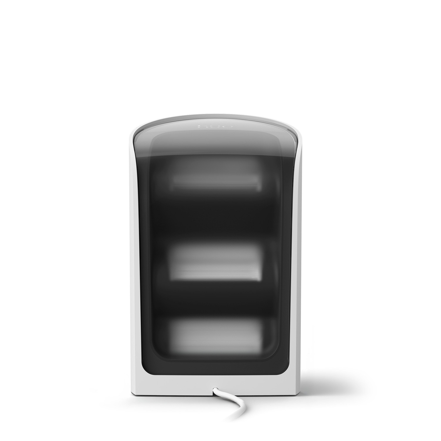 Een wit en zwart rechthoekig apparaat met een gebogen bovenkant, interne donkere compartimenten en een witte kabel die van onderen komt.
