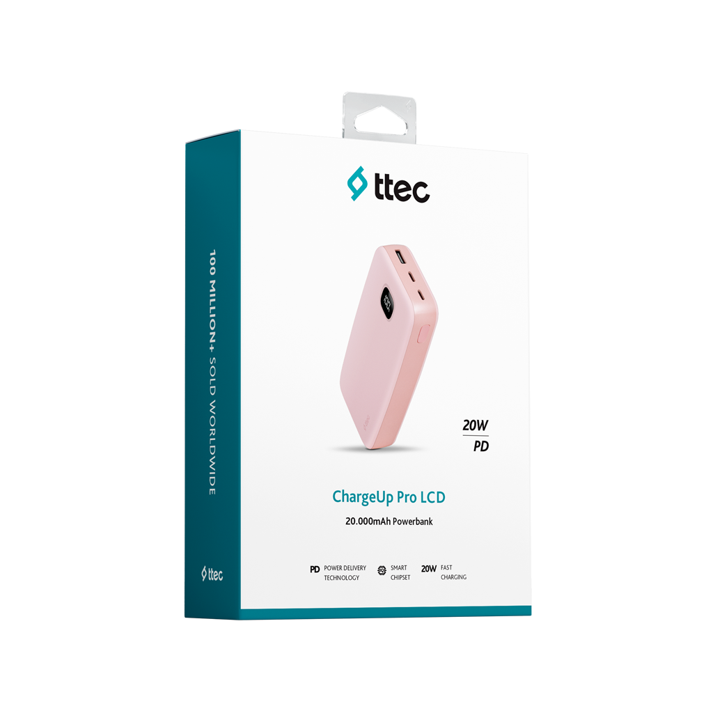 Pembe bir ttec ChargeUp Pro LCD 20.000mAh powerbank beyaz bir arka planda sergileniyor. Kutu ayrıca metin ve logolar içerir.