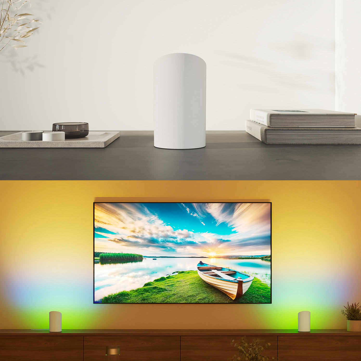 Een witte cilindrische lamp op een houten oppervlak met een tv die een boot op een meer toont. Andere lampen staan ook op het oppervlak.