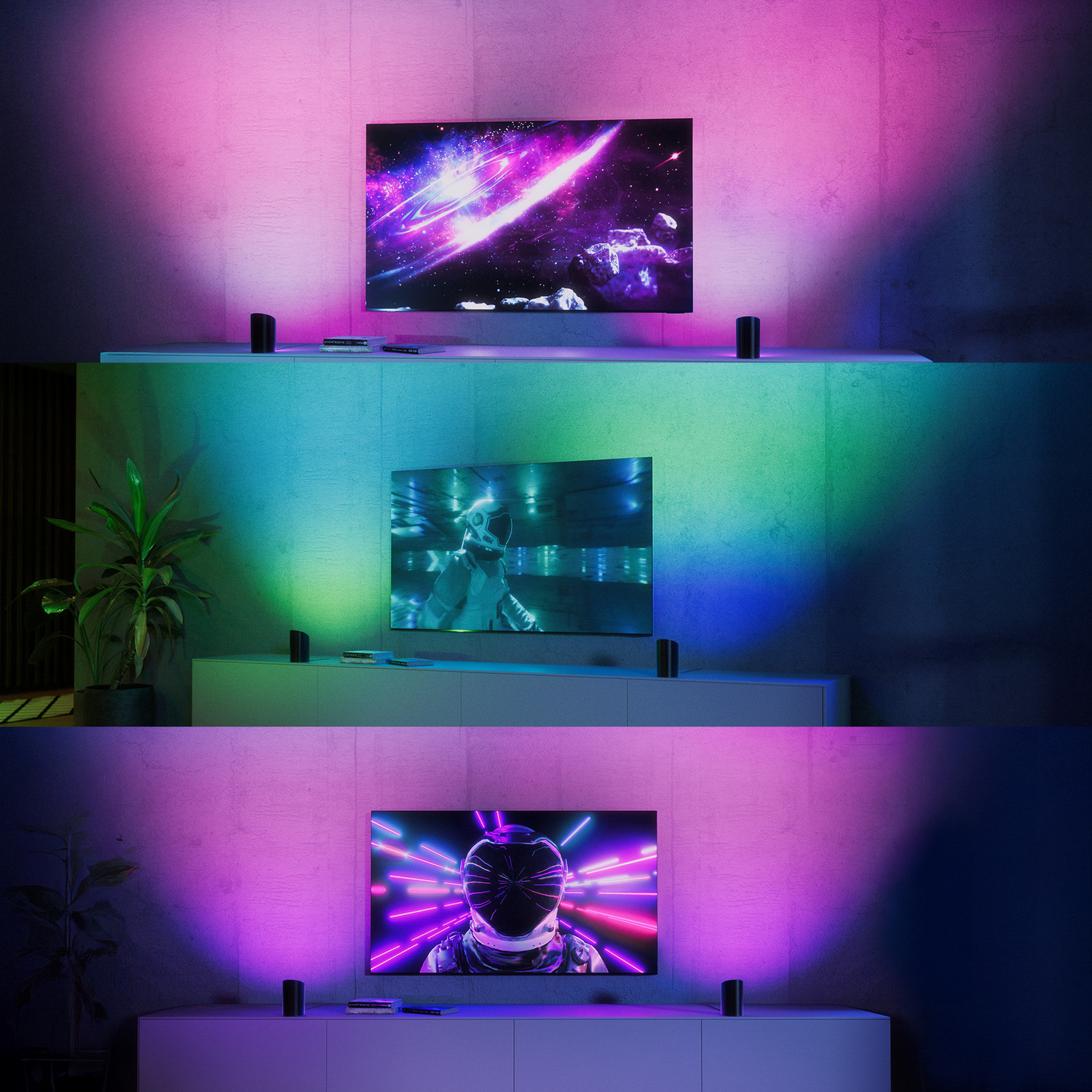 Drie tv's tonen scènes uit de ruimte en een astronaut. Elke tv staat op een witte kast met luidsprekers. Roze, paarse en blauwe wandverlichting.