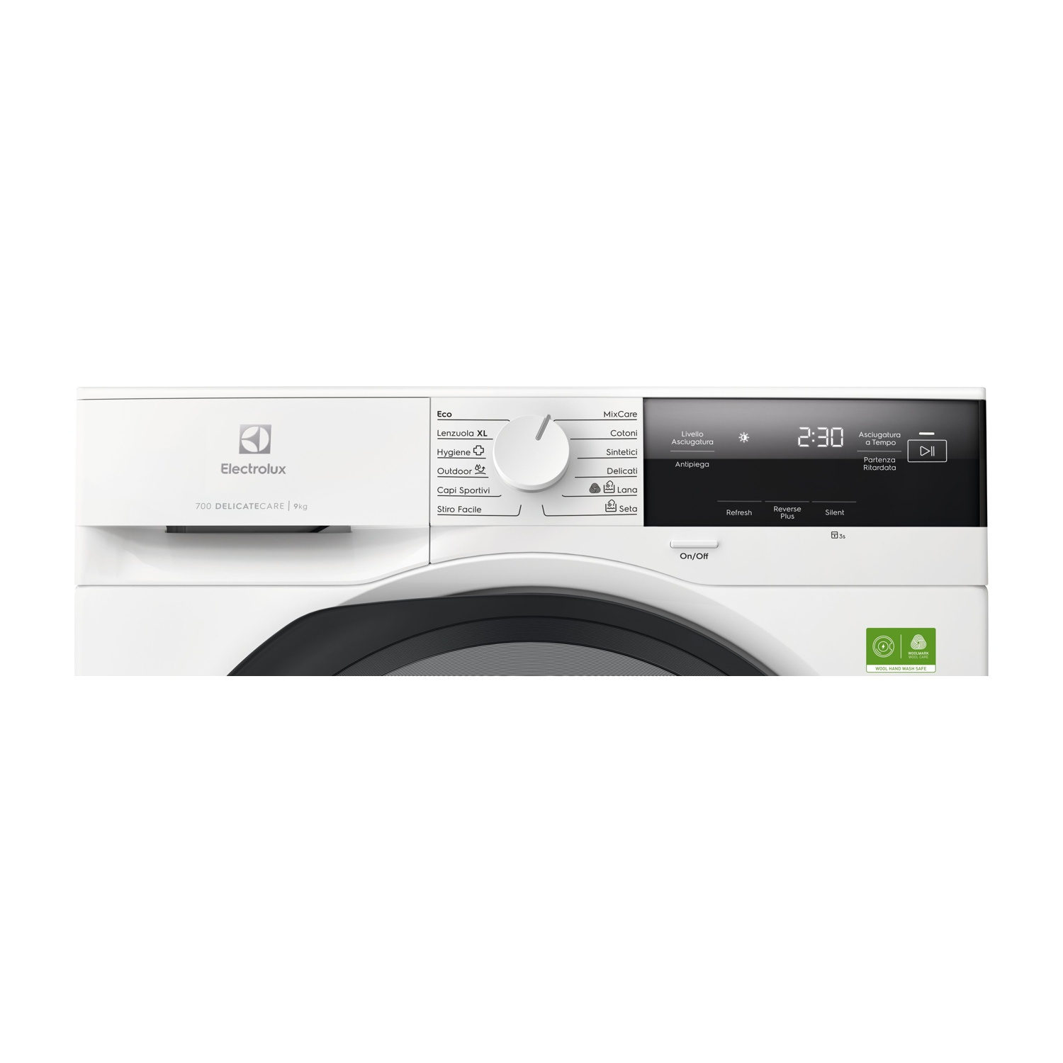 Pannello comandi bianco di una lavatrice Electrolux. Ha diversi pulsanti e un display digitale che mostra 2:30. Le etichette includono 'Eco' e 'Lana'.