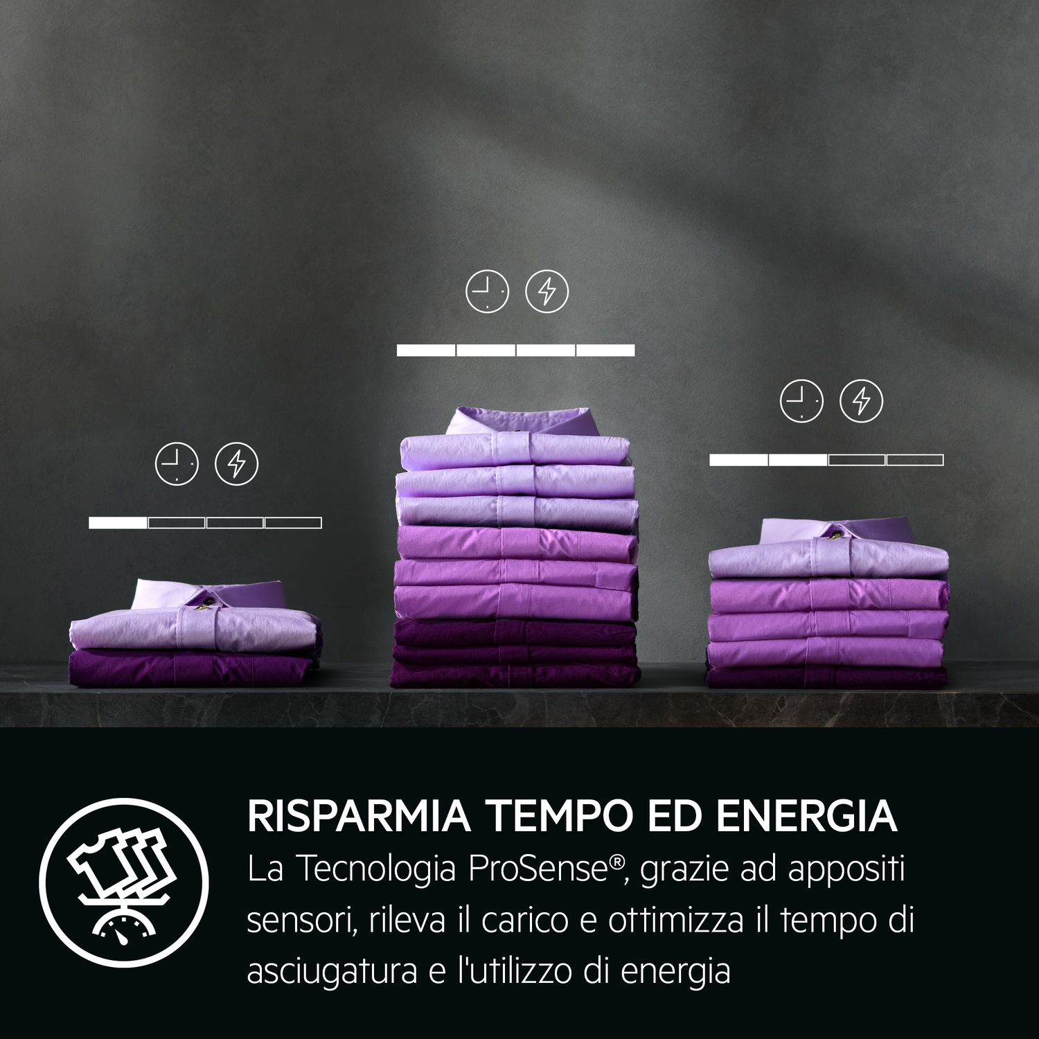 L'immagine mostra camicie impilate in varie tonalità di viola con icone di tempo ed energia. Il testo recita: 'Risparmia tempo ed energia'.