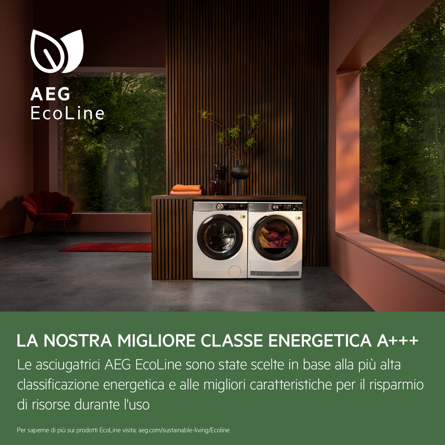 Una lavanderia moderna con due lavatrici. Un tappeto rosso, una pianta e una finestra con vista completano la scena.