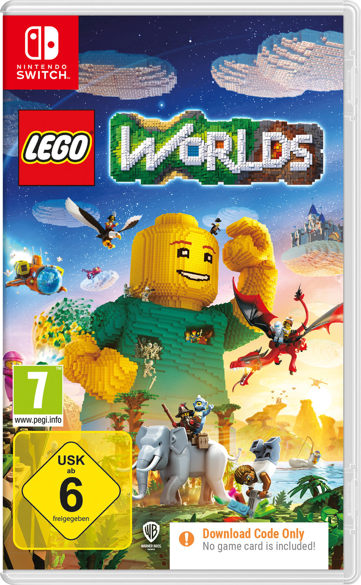 Lego Worlds Spielcover. Große Lego-Figur, Tiere und Charaktere in einer lebendigen, farbenfrohen Szene. Nintendo Switch-Logo oben.