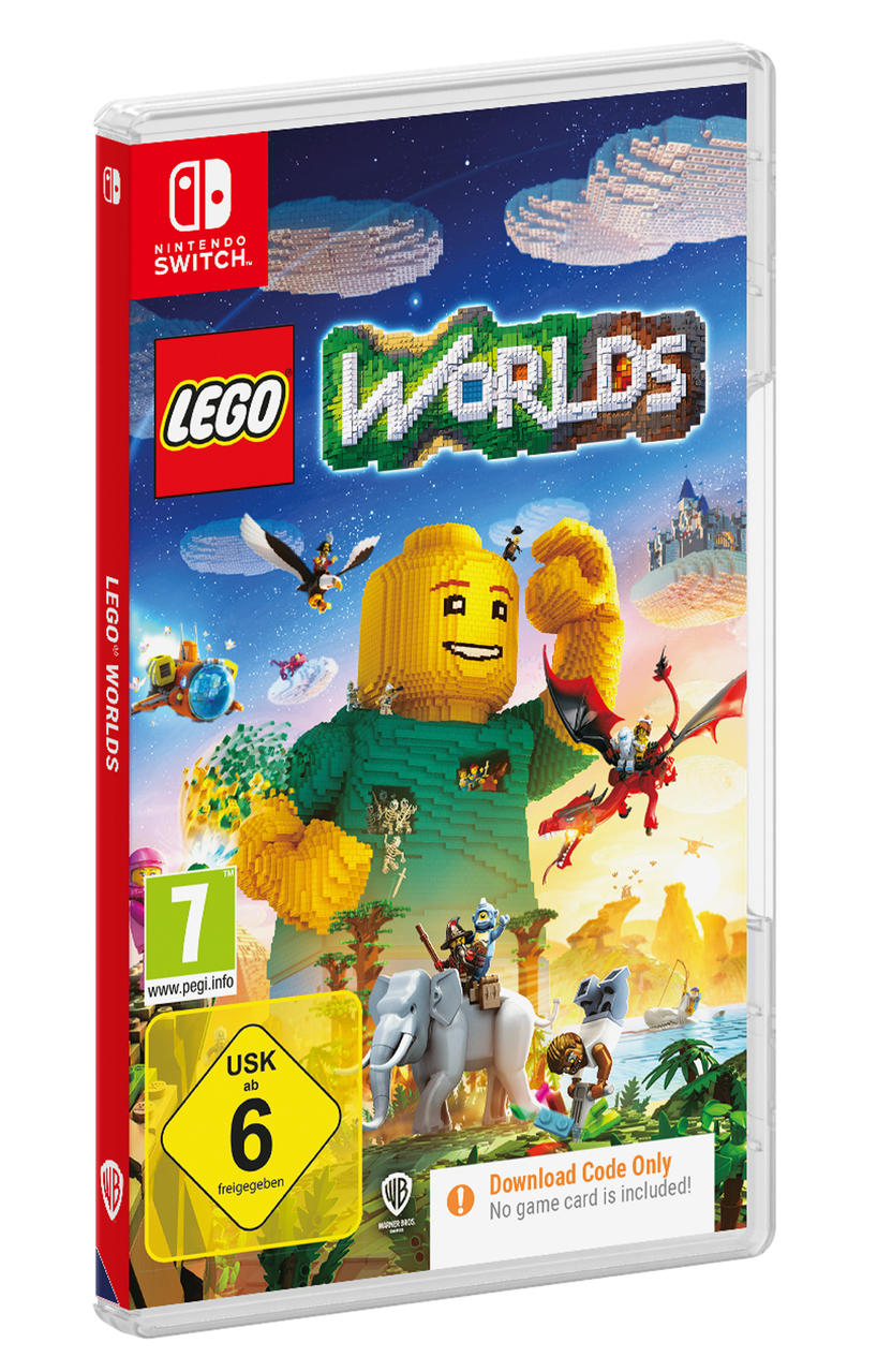 Lego Worlds-Spielcover. Eine große Lego-Figur steht vor einer Landschaft mit Lego-Figuren, Kreaturen und Gebäuden.