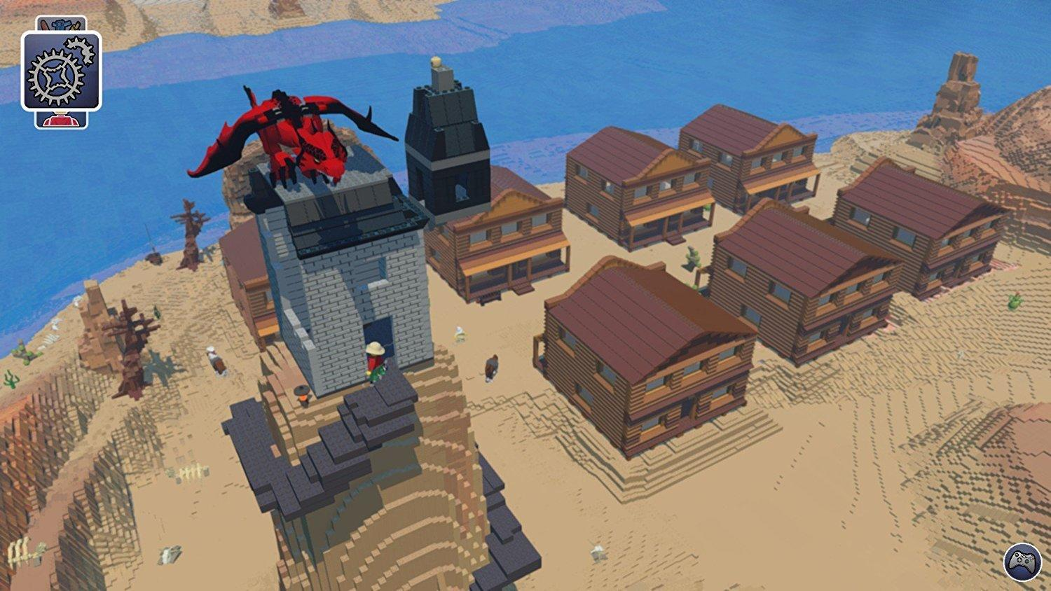 Eine verpixelte Wild-West-Szene mit Gebäuden, einem roten Drachen und einem Cowboy. Der Hintergrund hat einen Fluss und eine Wüstenlandschaft.