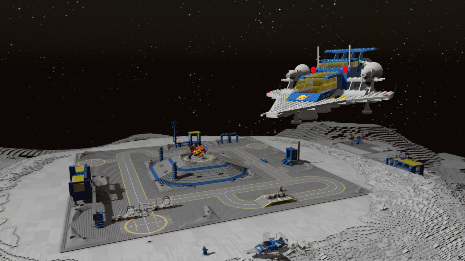 Lego-Weltraumbasis auf dem Mond mit einem Raumschiff in der Luft. Die Basis hat Straßen, Gebäude und eine Landebahn.