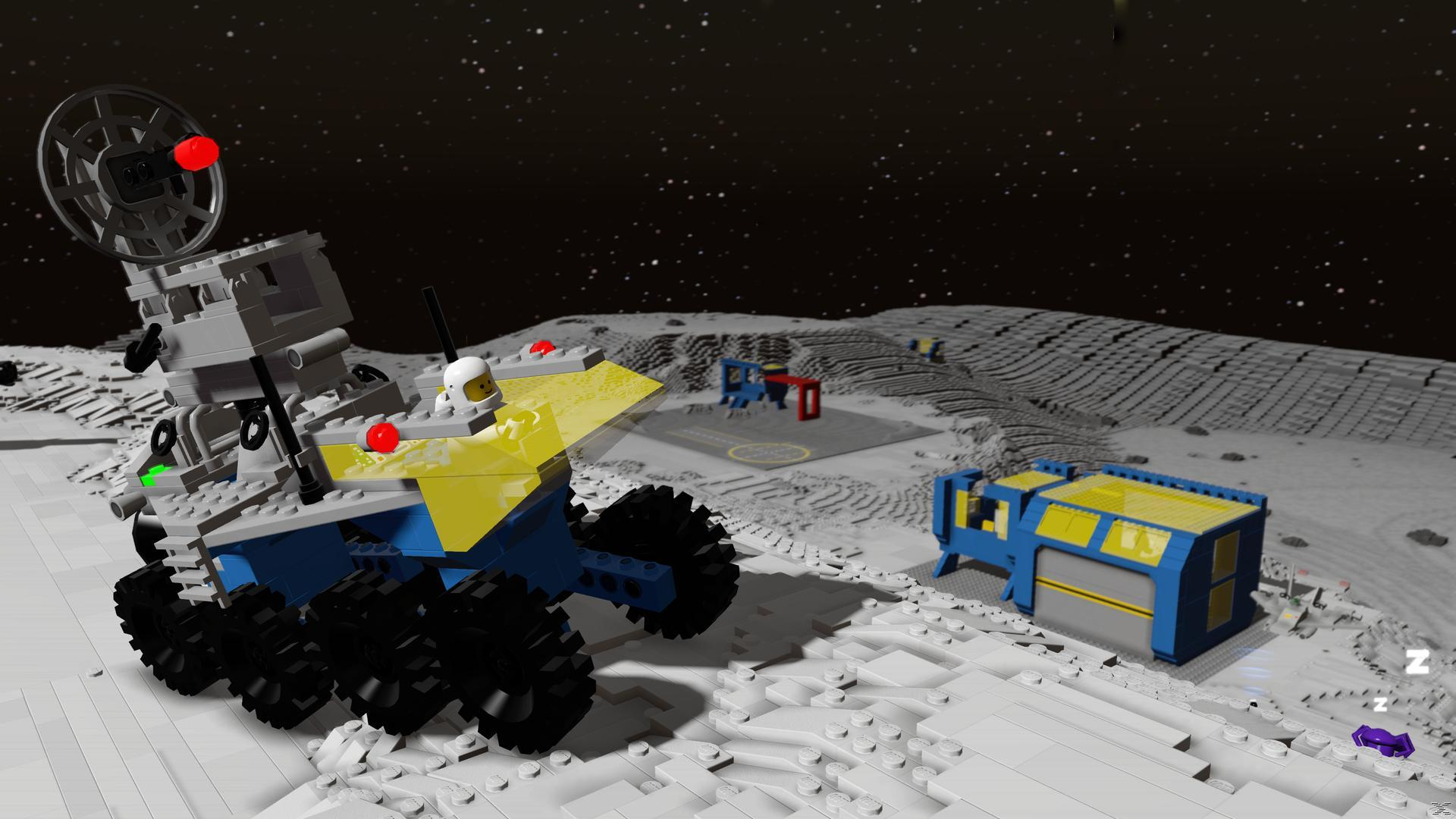 Eine Lego-Szene auf dem Mond. Ein Rover im Vordergrund, eine Basis und Gebäude im Hintergrund.