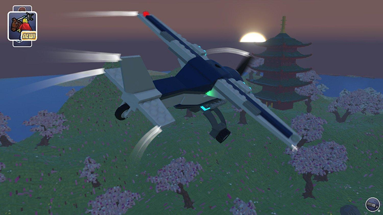 Ein Lego-Flugzeug fliegt über eine japanische Landschaft mit einer Pagode und Kirschblütenbäumen bei Sonnenuntergang.