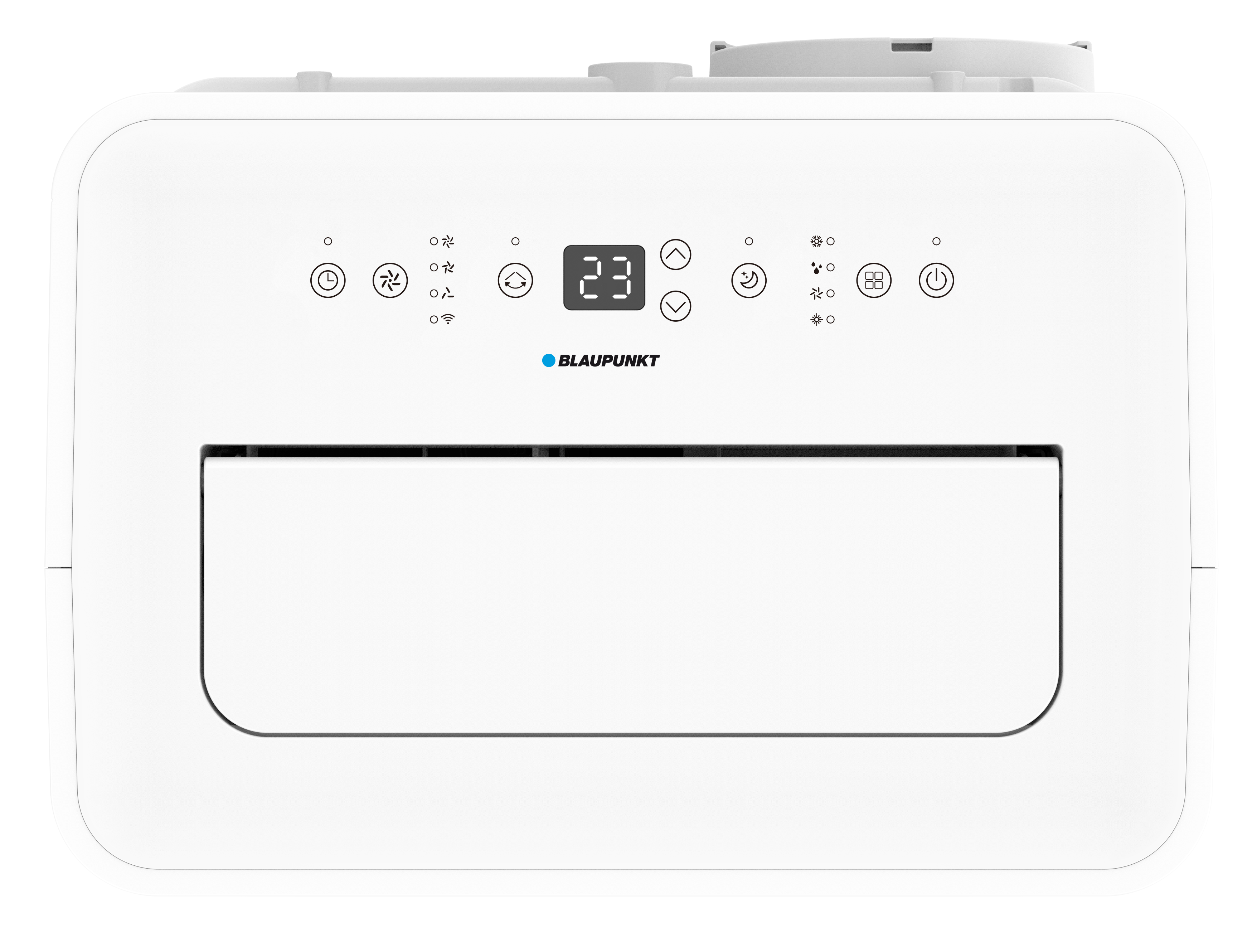 Biały klimatyzator Blaupunkt. Posiada cyfrowy wyświetlacz z napisem '23' i ikonami sterowania.