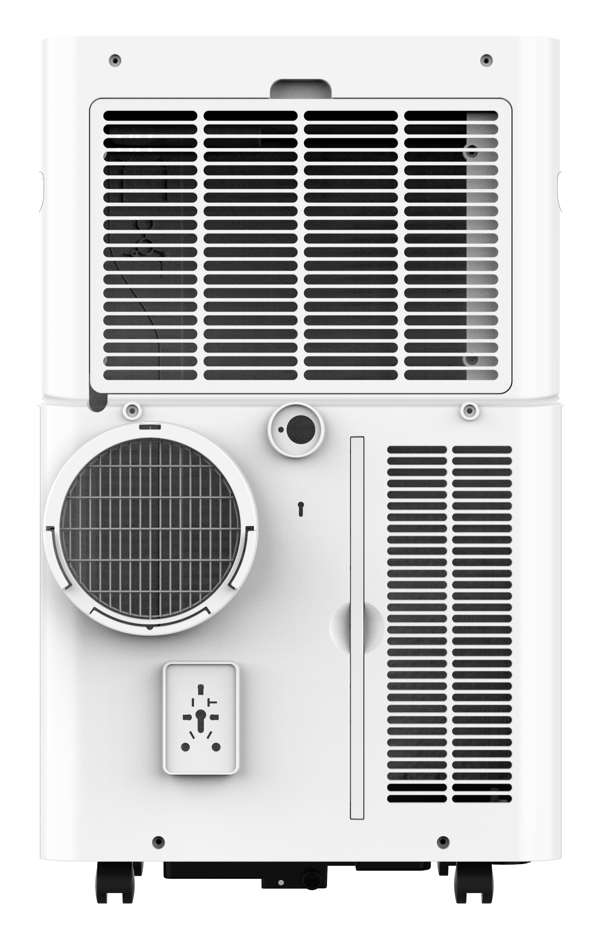 Biały przenośny klimatyzator, widok z tyłu. Zawiera otwory wentylacyjne, okrągły wylot powietrza i gniazdo zasilania.