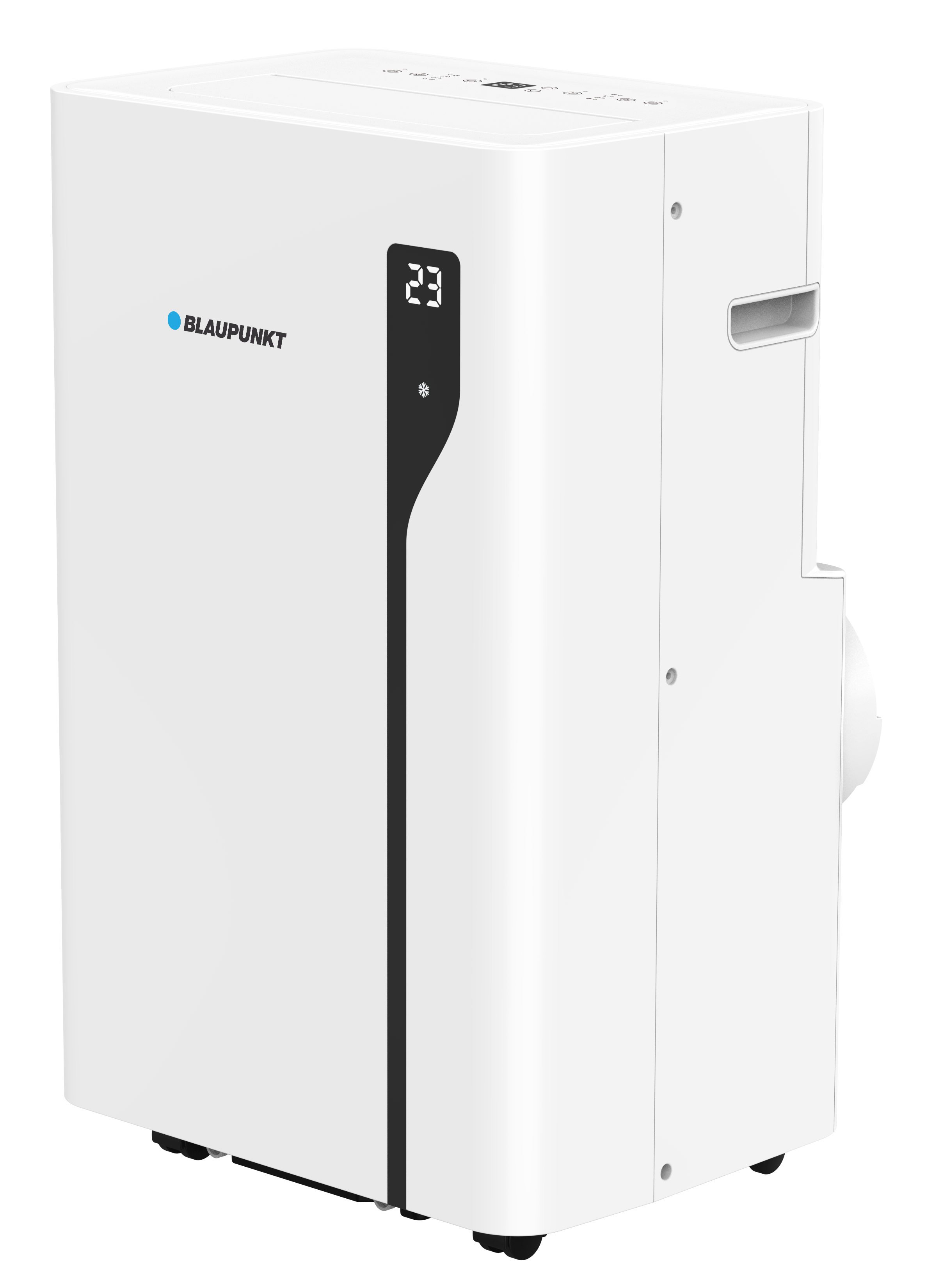 Biały przenośny klimatyzator Blaupunkt. Pokazuje 29 stopni. Czarny pasek biegnie z przodu.