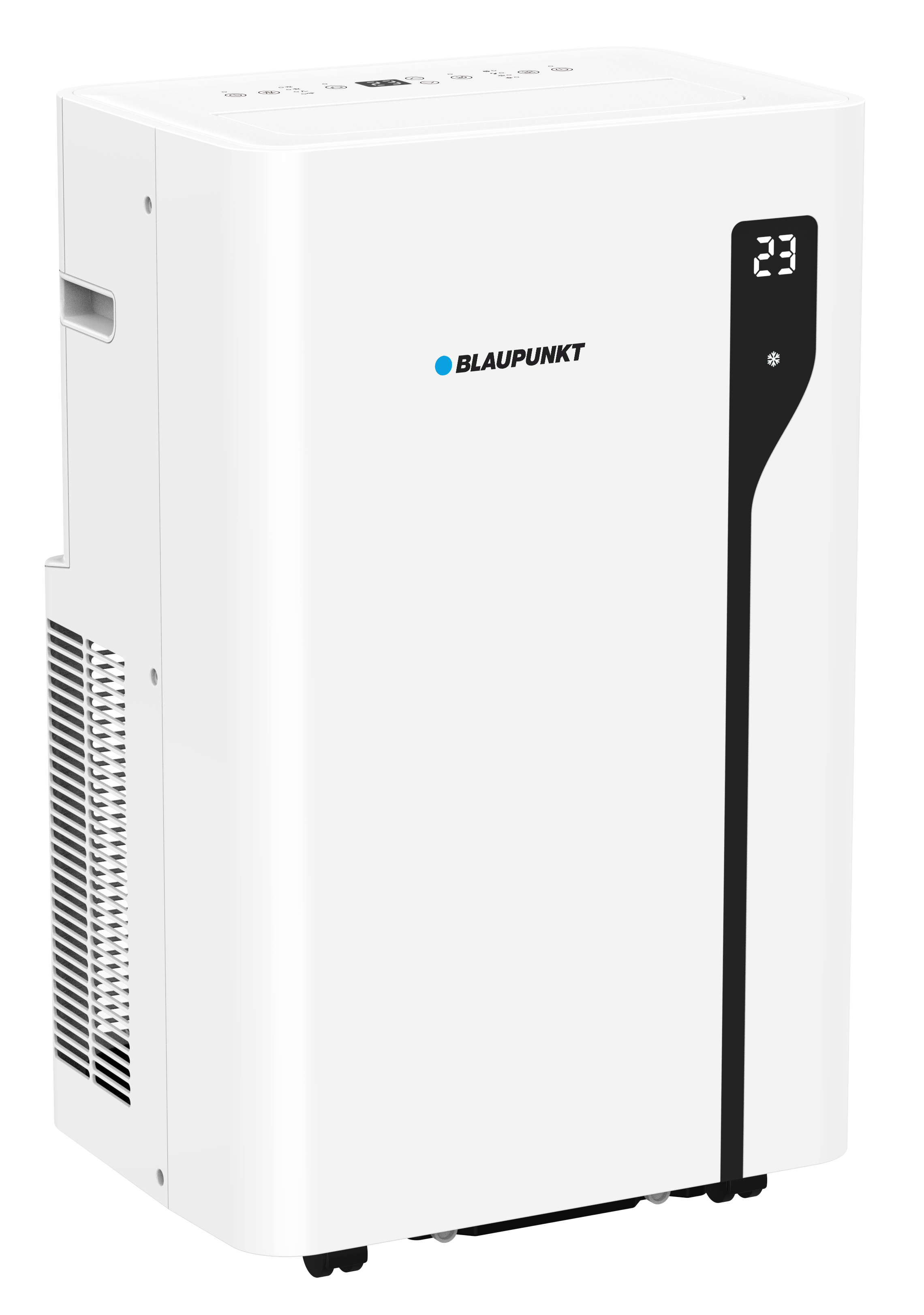 Biały przenośny klimatyzator Blaupunkt. Posiada cyfrowy wyświetlacz pokazujący 23 stopnie. Urządzenie stoi na kółkach.