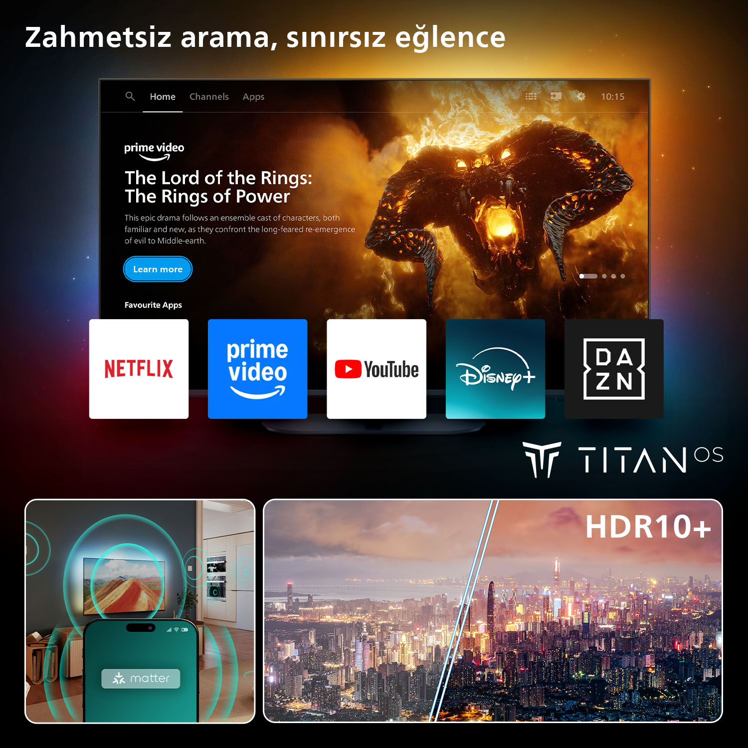 Bir TV ekranı Prime Video'nun 'Yüzüklerin Efendisi'ni gösteriyor. Altında uygulama simgeleri: Netflix, Prime Video, YouTube, Disney+ ve DAZN.