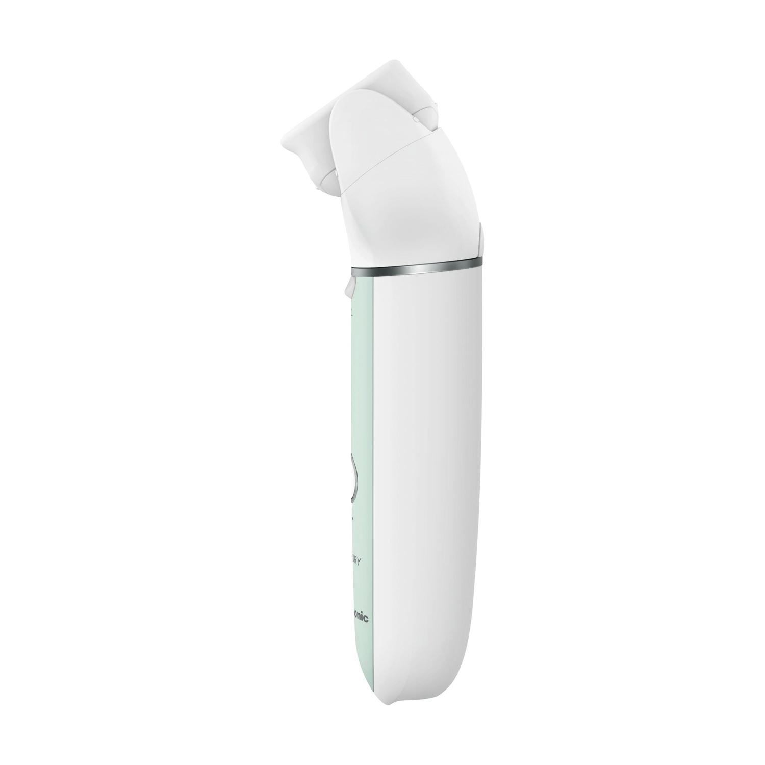 Un dispositivo bianco portatile, probabilmente un termometro auricolare, è raffigurato su sfondo bianco. Presenta una testa curva e un corpo cilindrico.