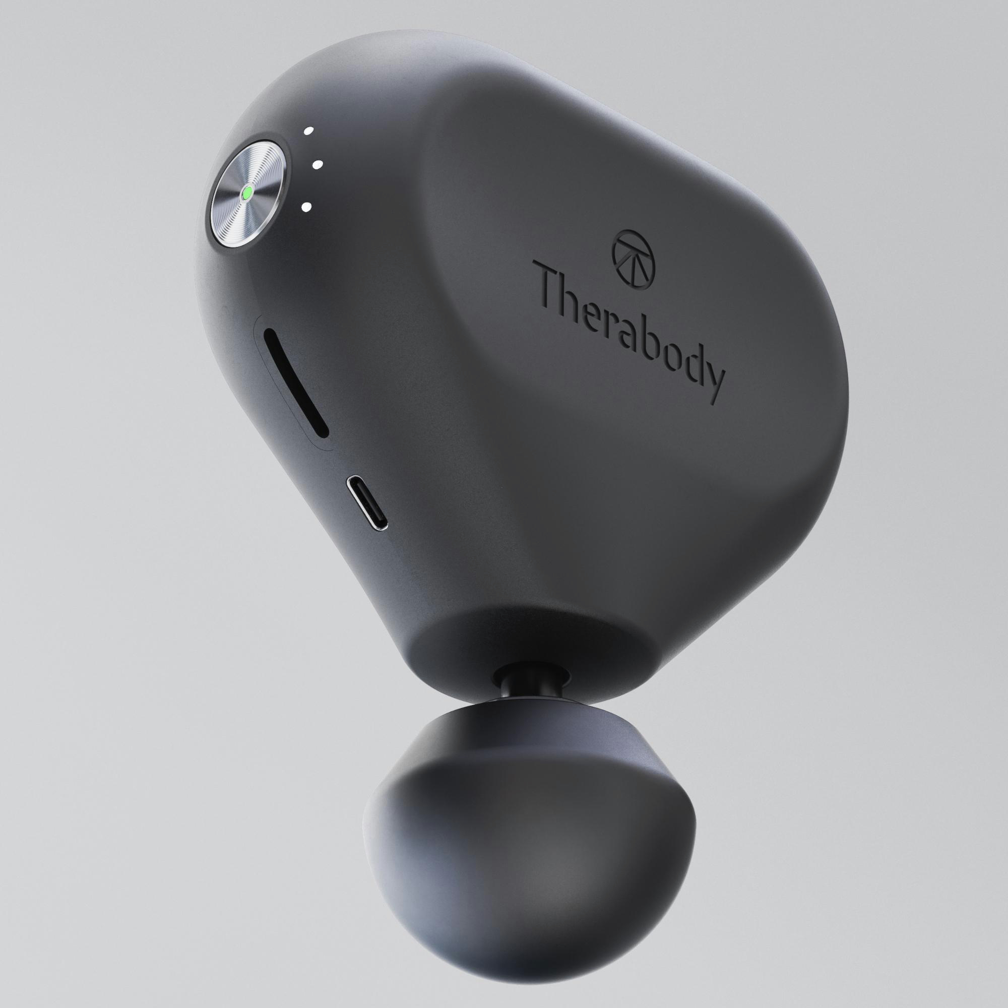 Ein schwarzes Therabody-Massagegerät. Es hat einen runden Kopf und einen Griff. Der Hintergrund ist schlicht grau.