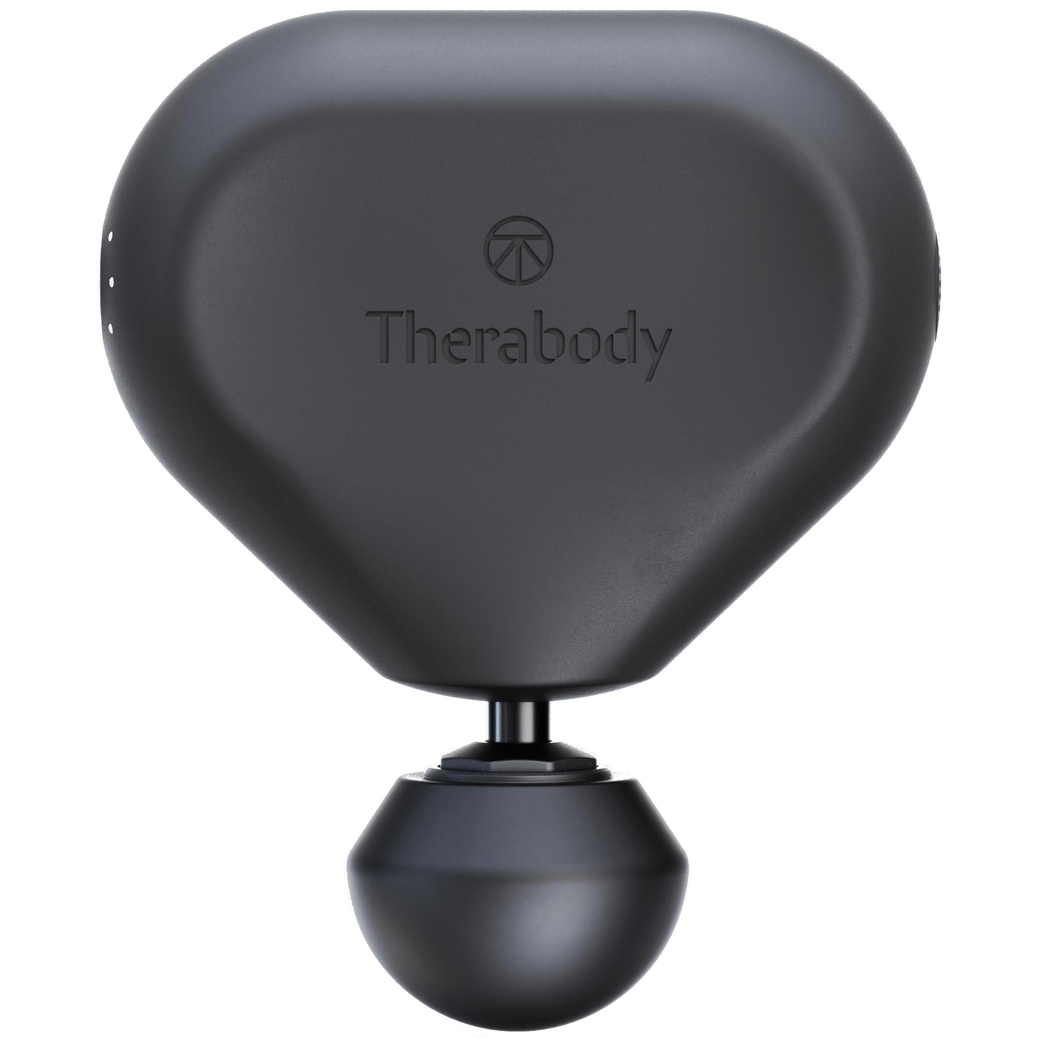 Eine schwarze Therabody-Massagepistole. Das Gerät hat eine markante Form mit einem runden Kopf und einem kugelförmigen Aufsatz.